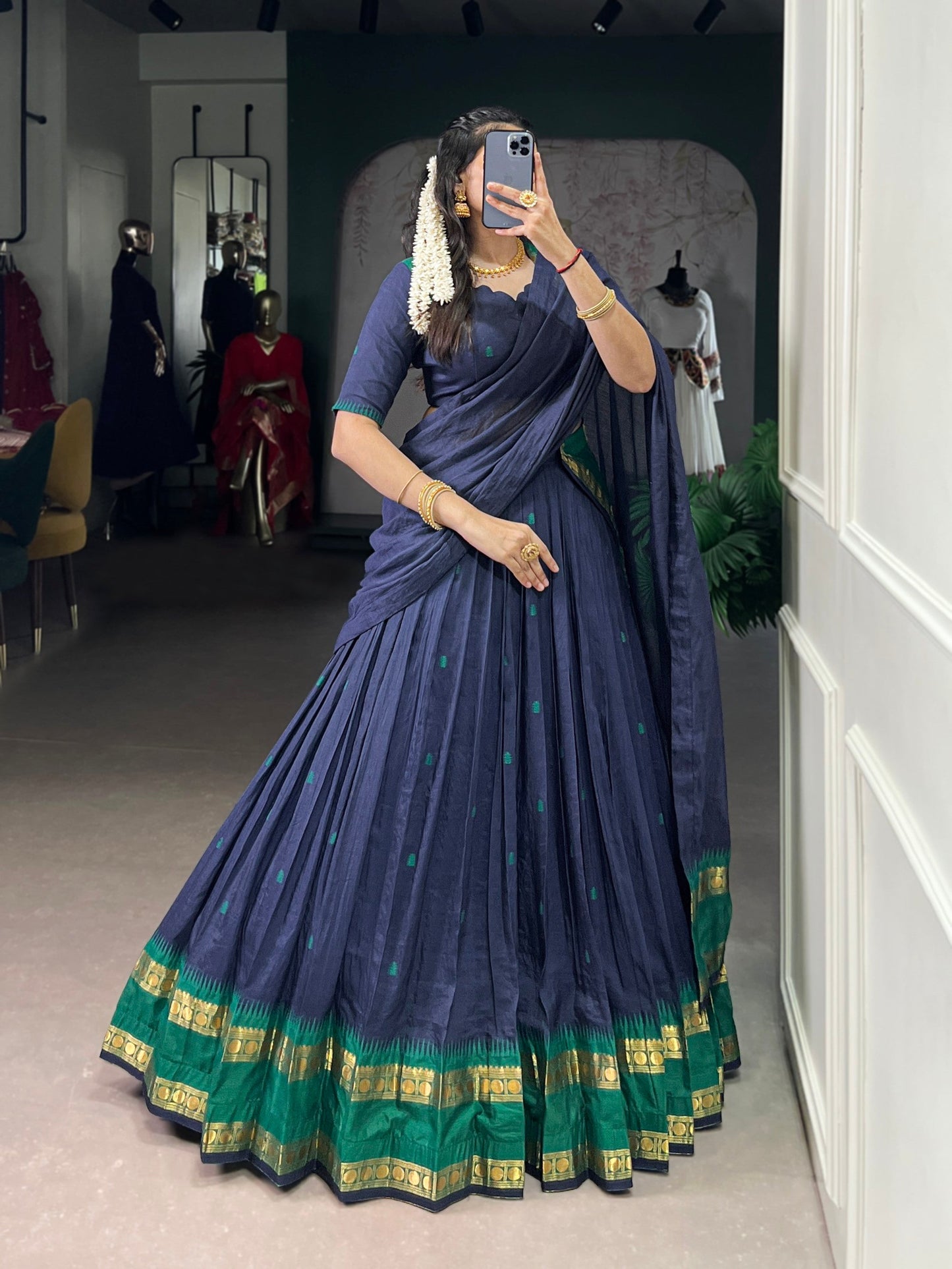 Lorenvalley Fashion Navy Blue Pure Chanderi Zari Weaving Work Lehenga Choli with Dupatta - Swadesiicart