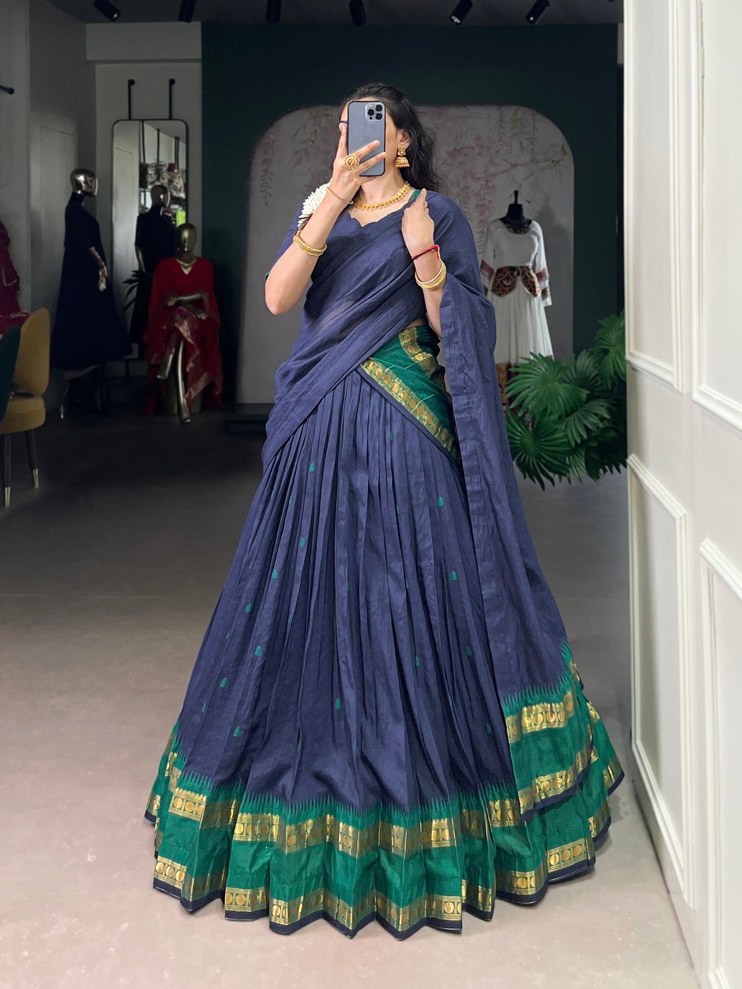 Lorenvalley Fashion Navy Blue Pure Chanderi Zari Weaving Work Lehenga Choli with Dupatta - Swadesiicart