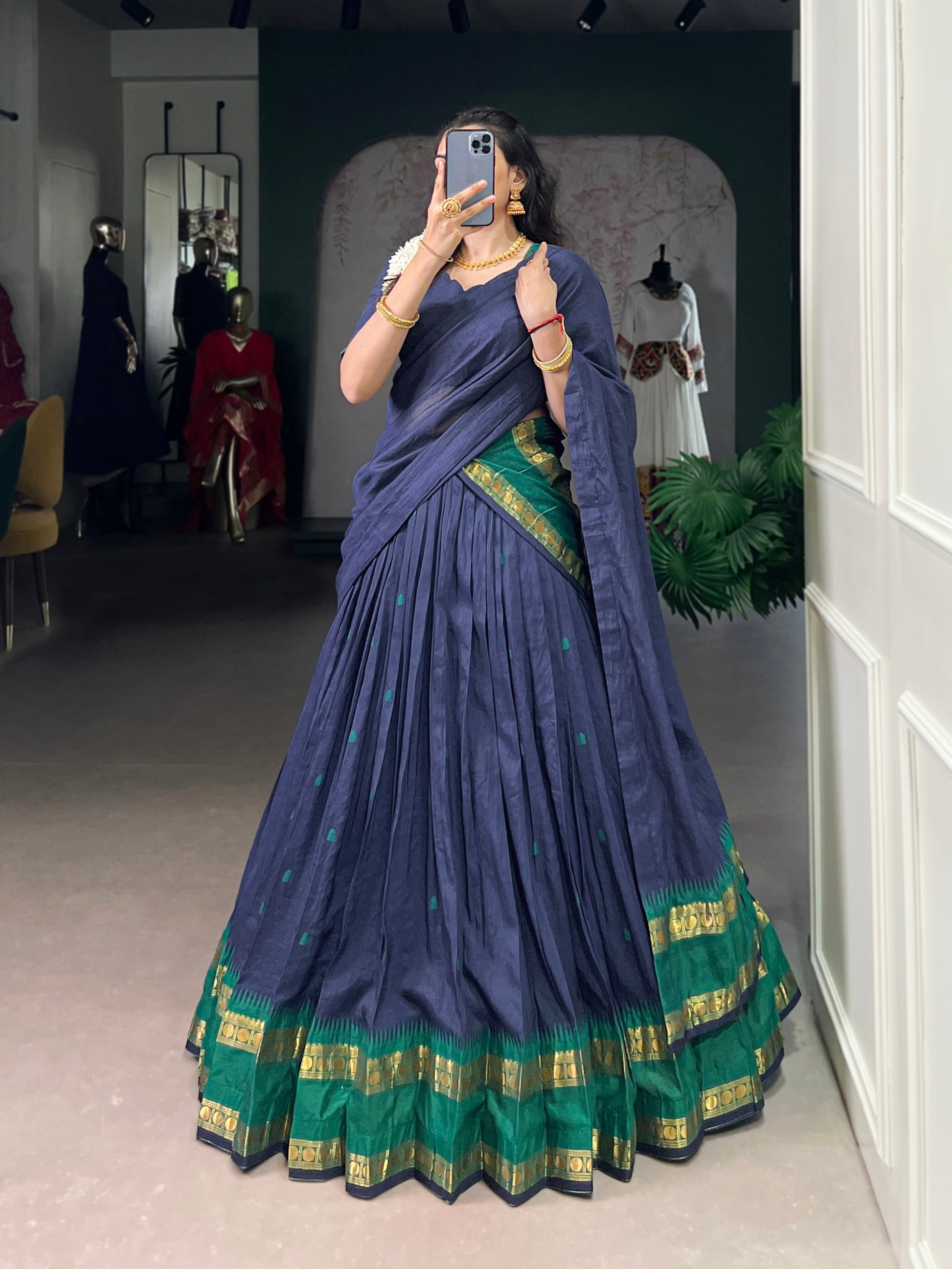 Lorenvalley Fashion Navy Blue Pure Chanderi Zari Weaving Work Lehenga Choli with Dupatta - Swadesiicart