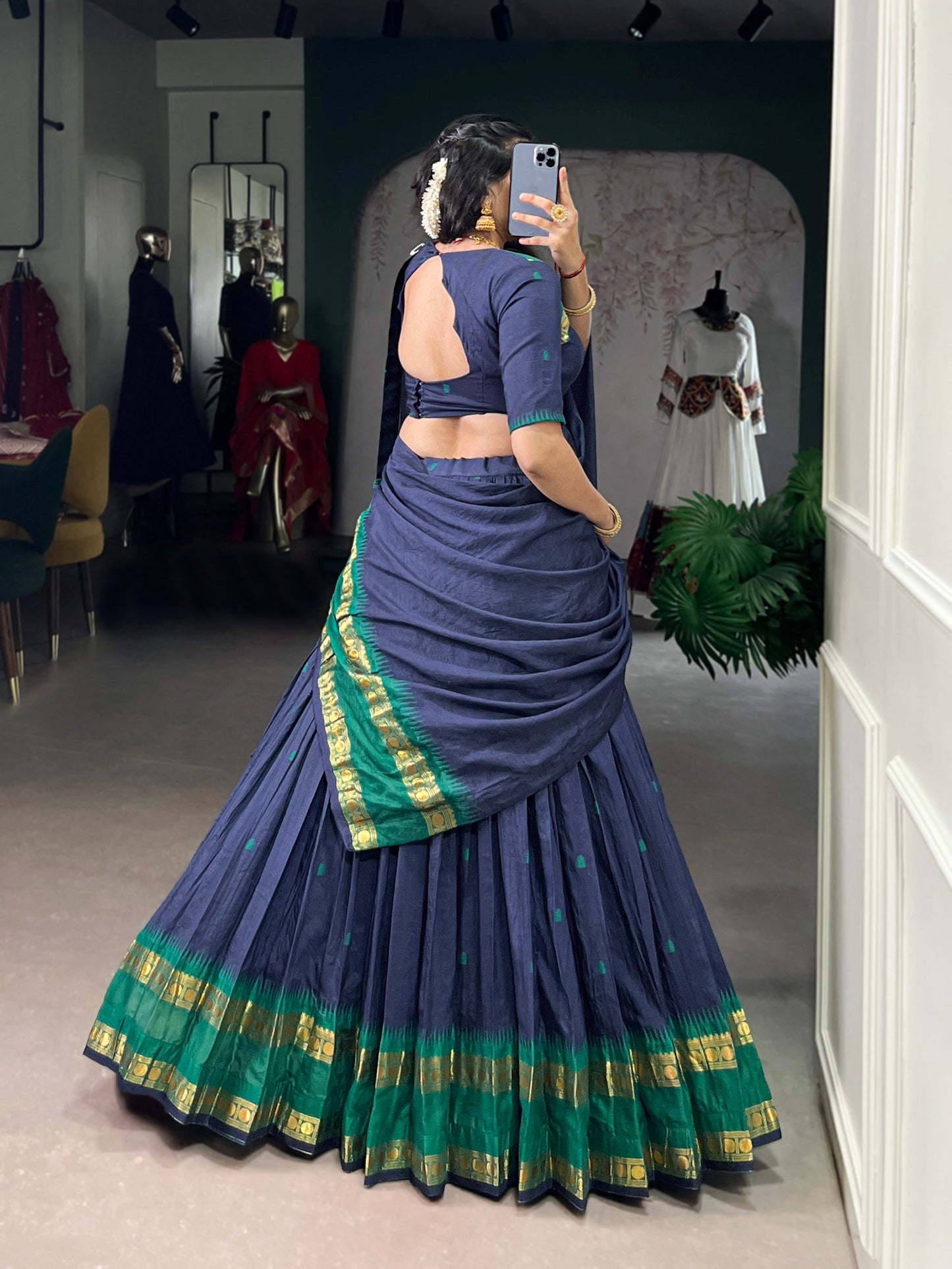 Lorenvalley Fashion Navy Blue Pure Chanderi Zari Weaving Work Lehenga Choli with Dupatta - Swadesiicart