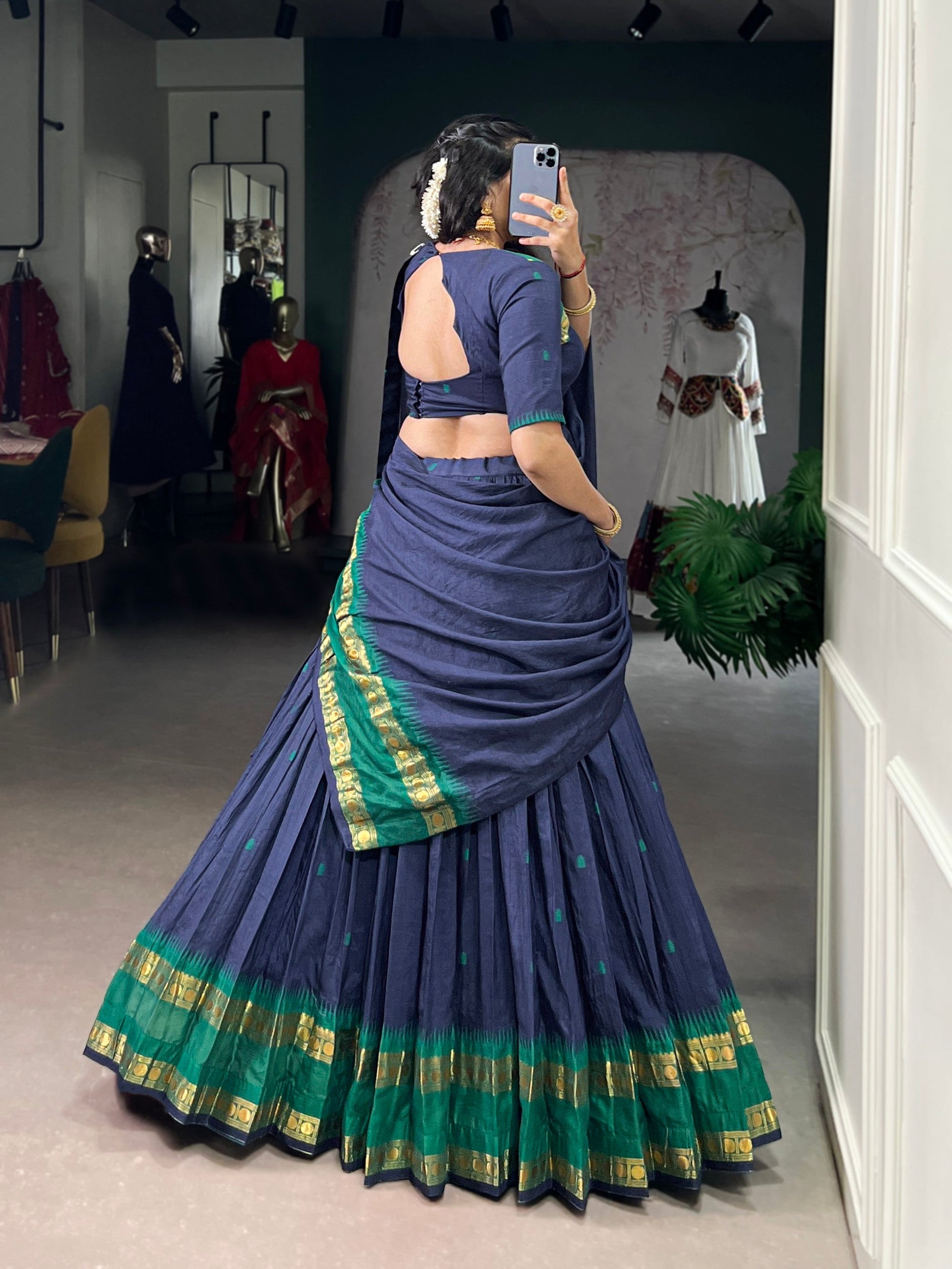 Lorenvalley Fashion Navy Blue Pure Chanderi Zari Weaving Work Lehenga Choli with Dupatta - Swadesiicart
