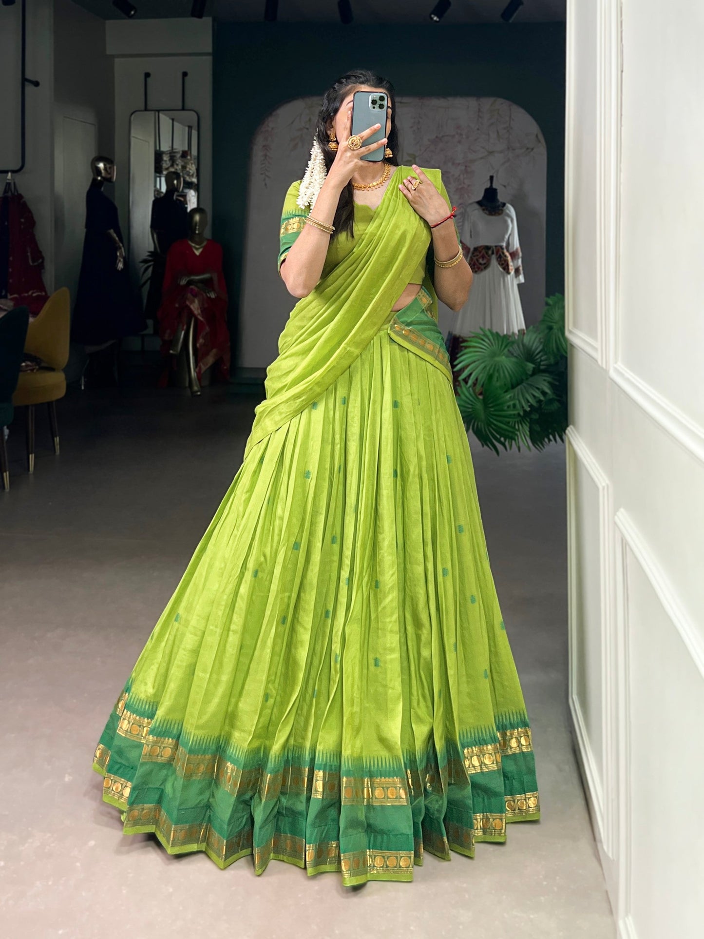 Lorenvalley Fashion Parrot Green Pure Chanderi Zari Weaving Work Lehenga Choli with Dupatta - Swadesiicart