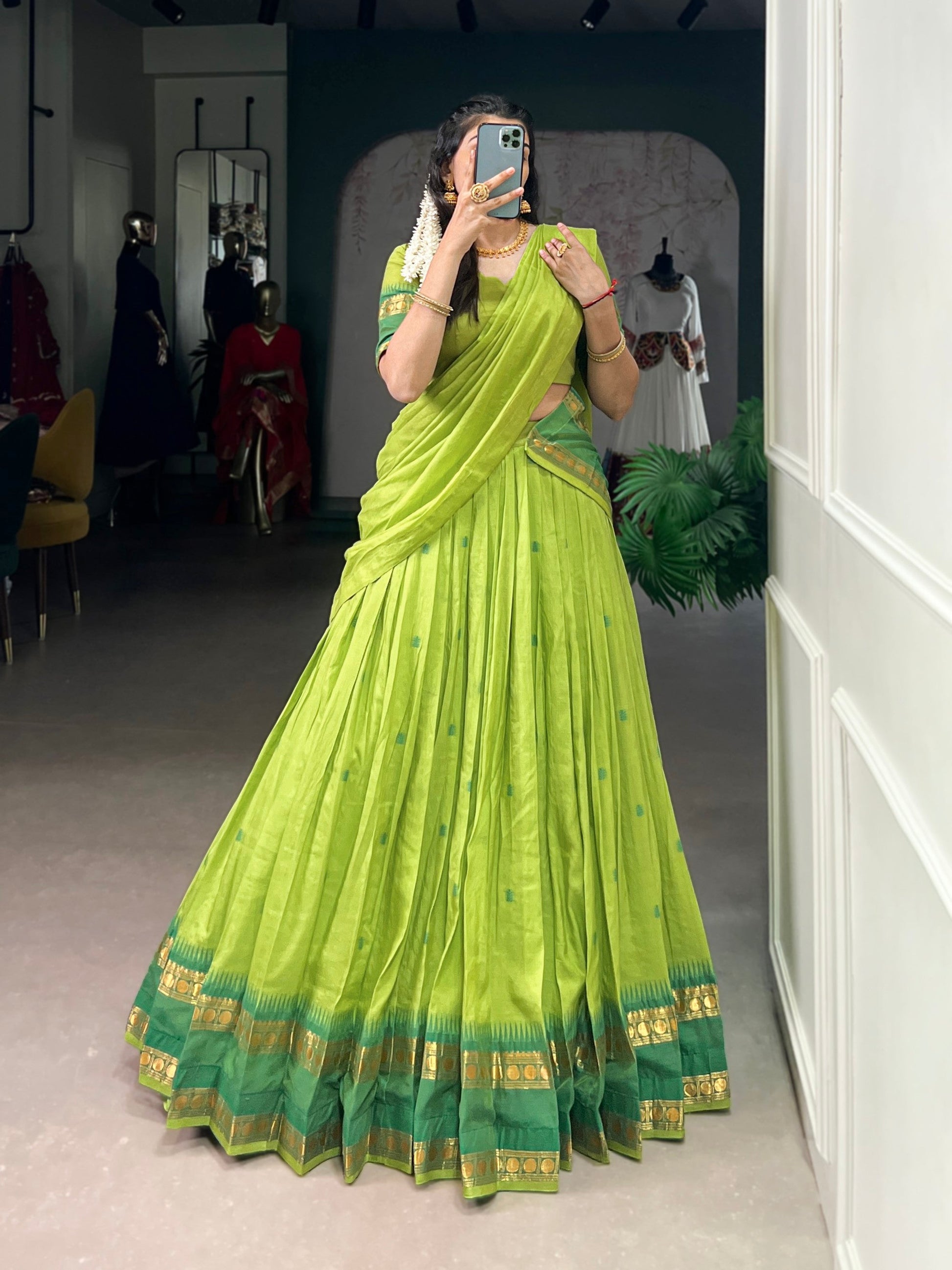 Lorenvalley Fashion Parrot Green Pure Chanderi Zari Weaving Work Lehenga Choli with Dupatta - Swadesiicart