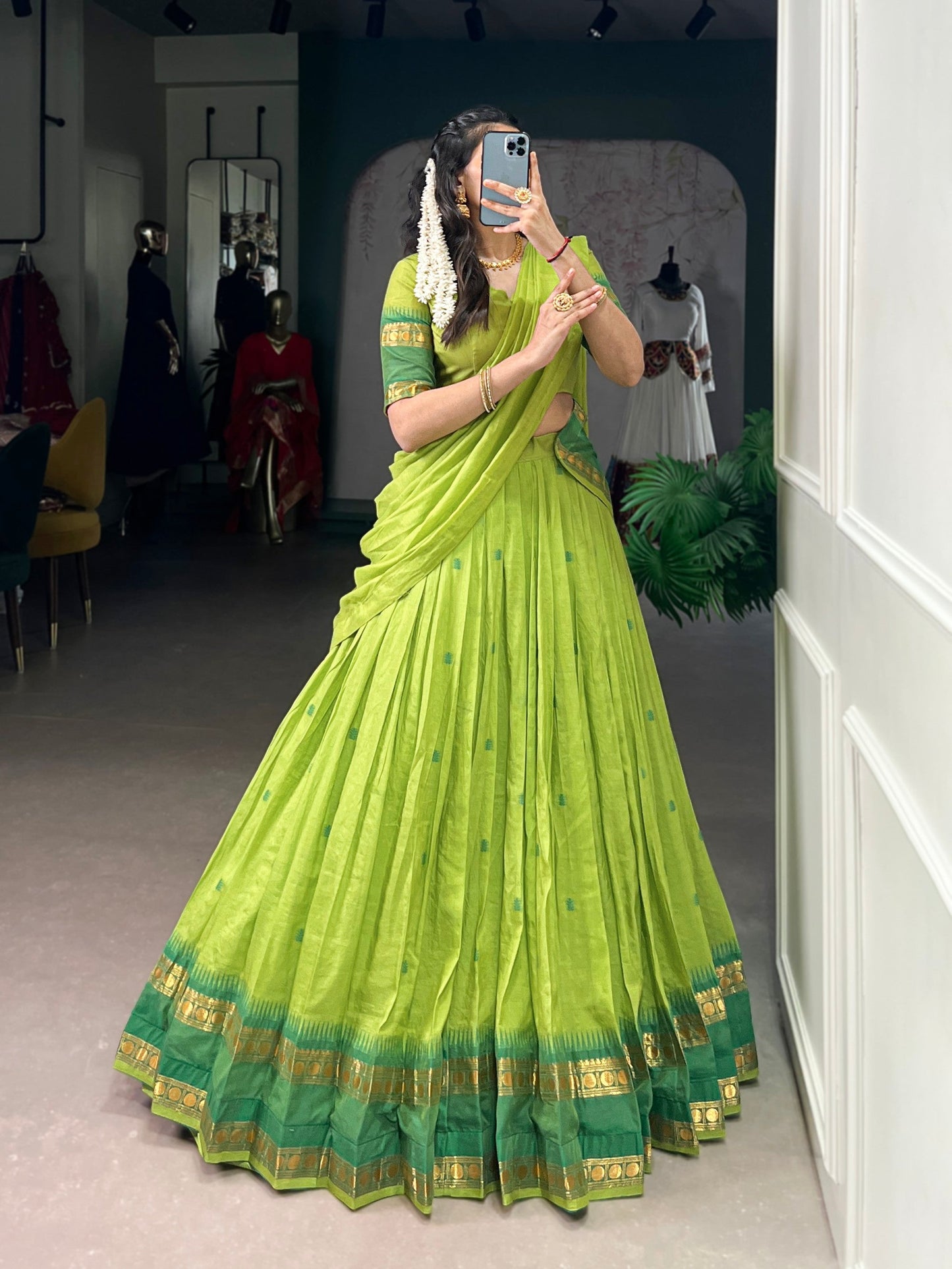 Lorenvalley Fashion Parrot Green Pure Chanderi Zari Weaving Work Lehenga Choli with Dupatta - Swadesiicart