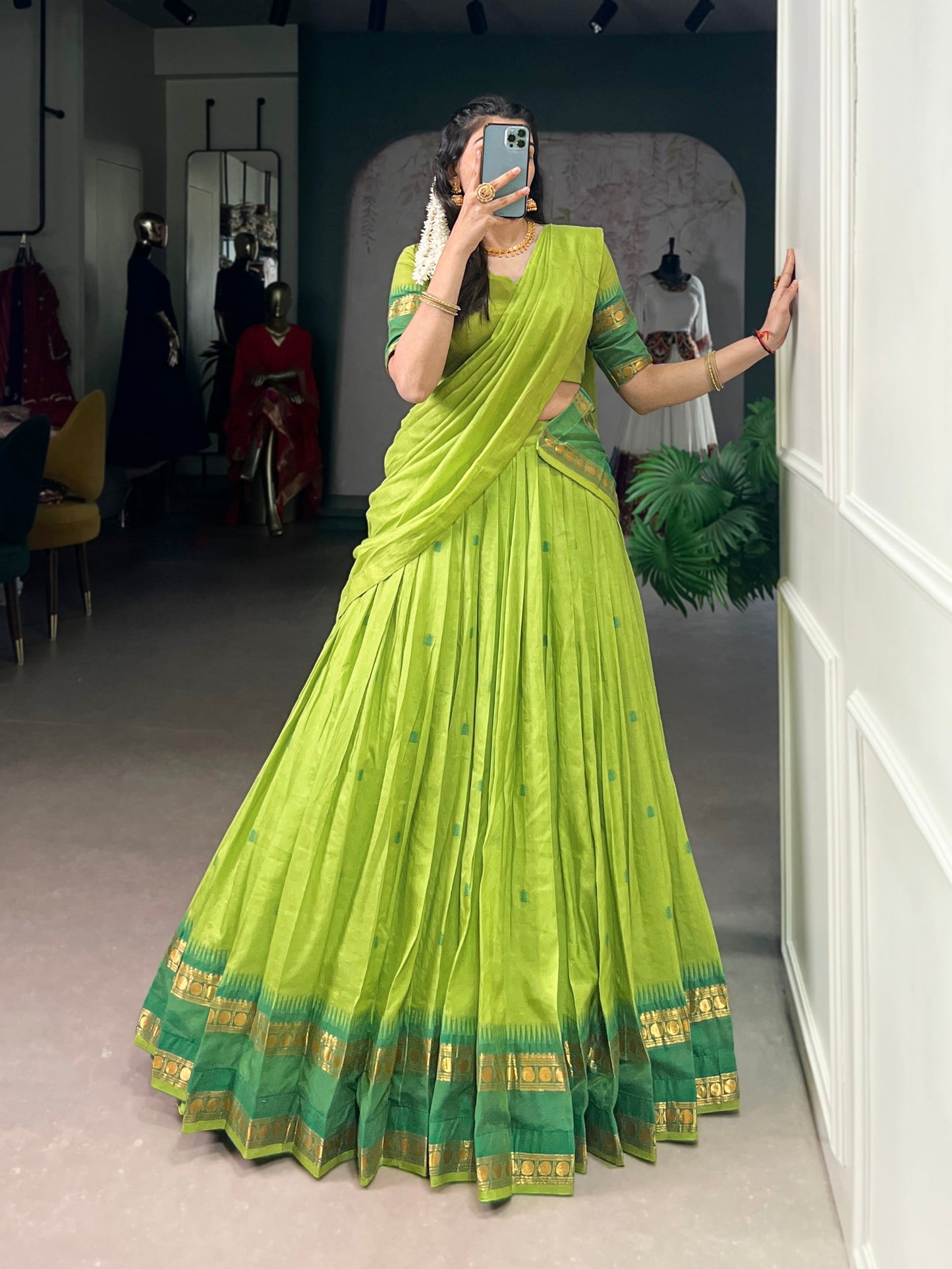 Lorenvalley Fashion Parrot Green Pure Chanderi Zari Weaving Work Lehenga Choli with Dupatta - Swadesiicart