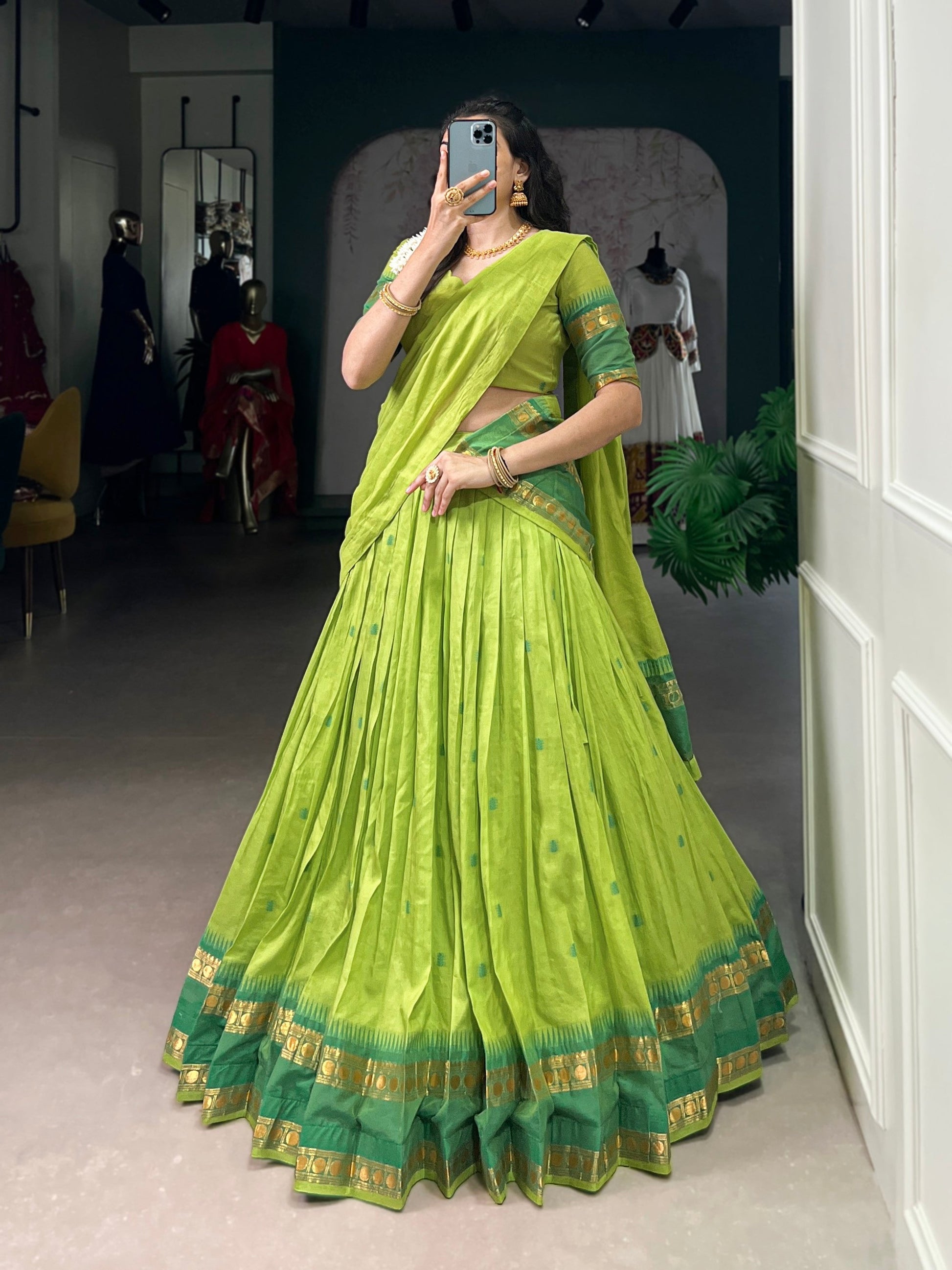 Lorenvalley Fashion Parrot Green Pure Chanderi Zari Weaving Work Lehenga Choli with Dupatta - Swadesiicart