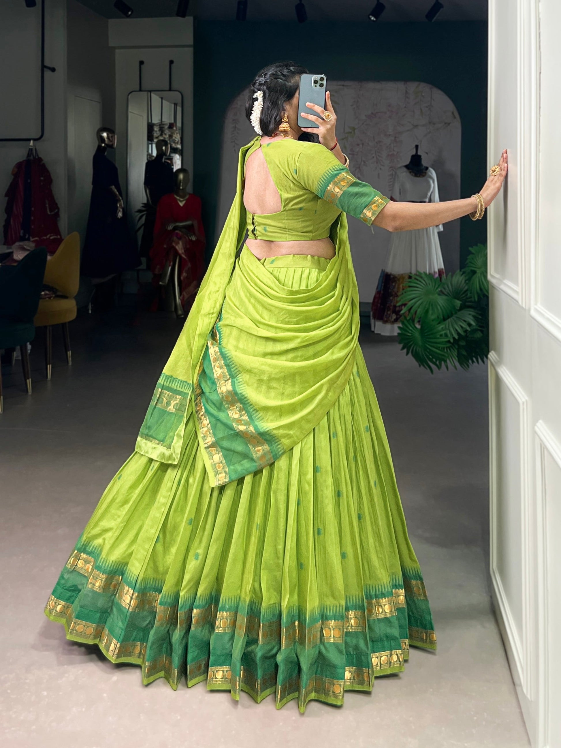 Lorenvalley Fashion Parrot Green Pure Chanderi Zari Weaving Work Lehenga Choli with Dupatta - Swadesiicart