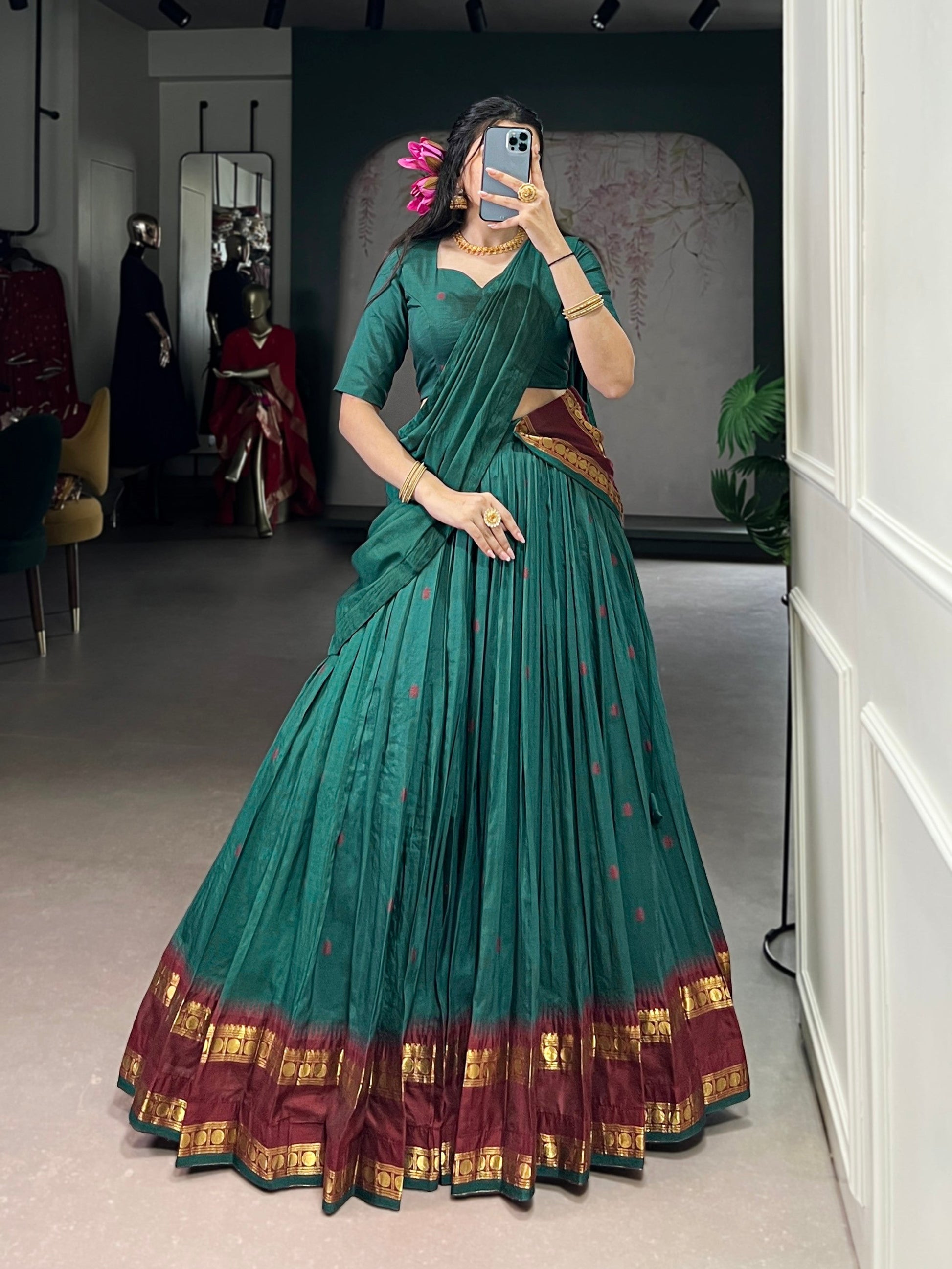 Lorenvalley Fashion Teal Pure Chanderi Zari Weaving Work Lehenga Choli with Dupatta - Swadesiicart