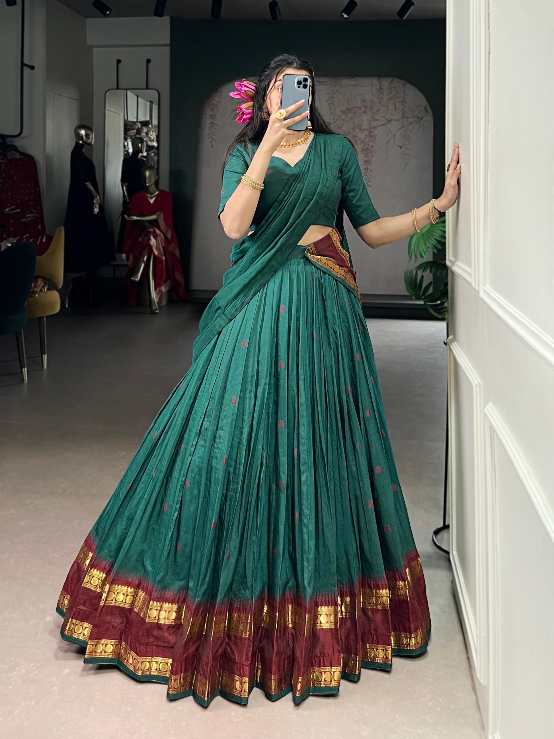 Lorenvalley Fashion Teal Pure Chanderi Zari Weaving Work Lehenga Choli with Dupatta - Swadesiicart