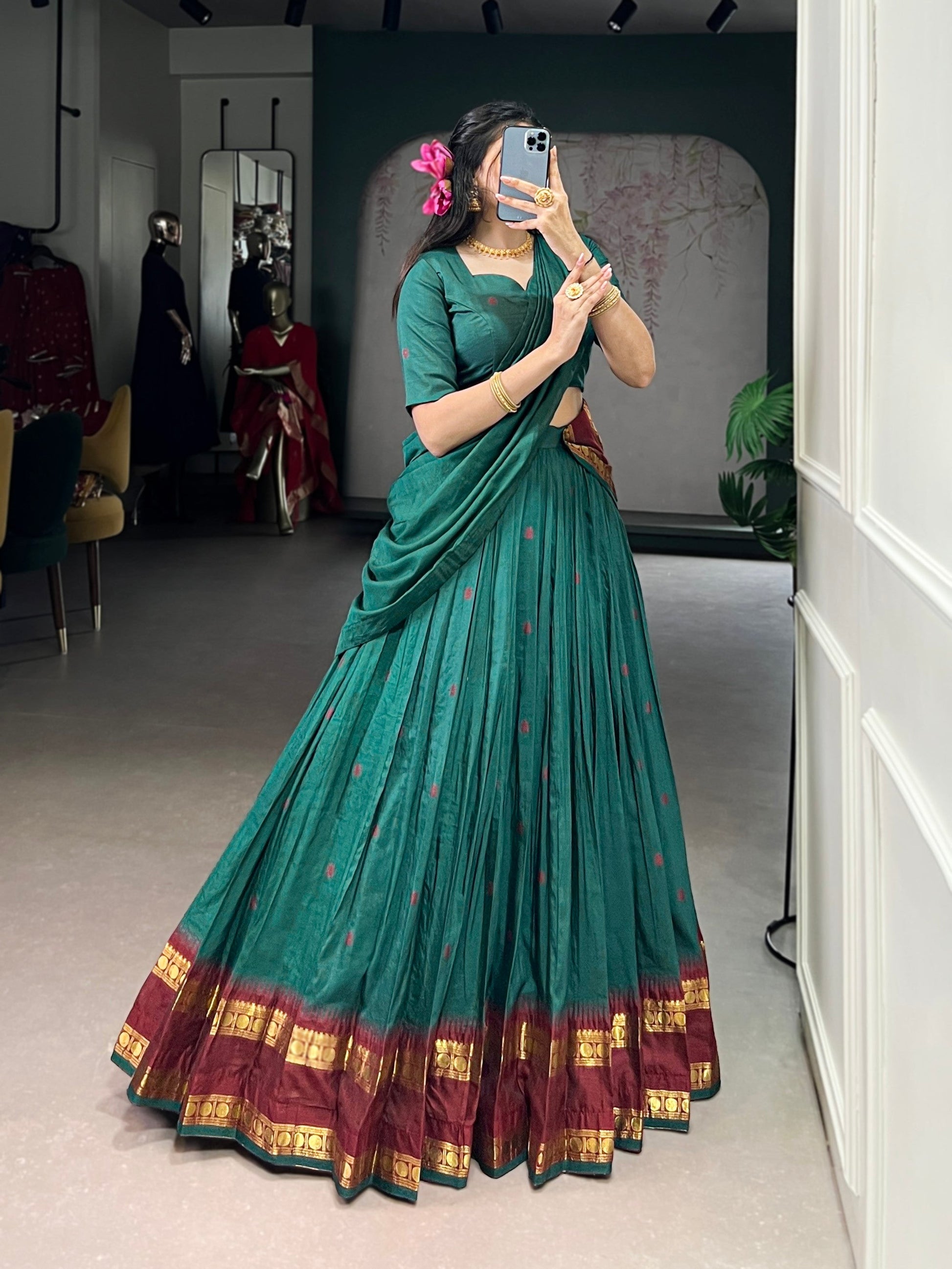 Lorenvalley Fashion Teal Pure Chanderi Zari Weaving Work Lehenga Choli with Dupatta - Swadesiicart