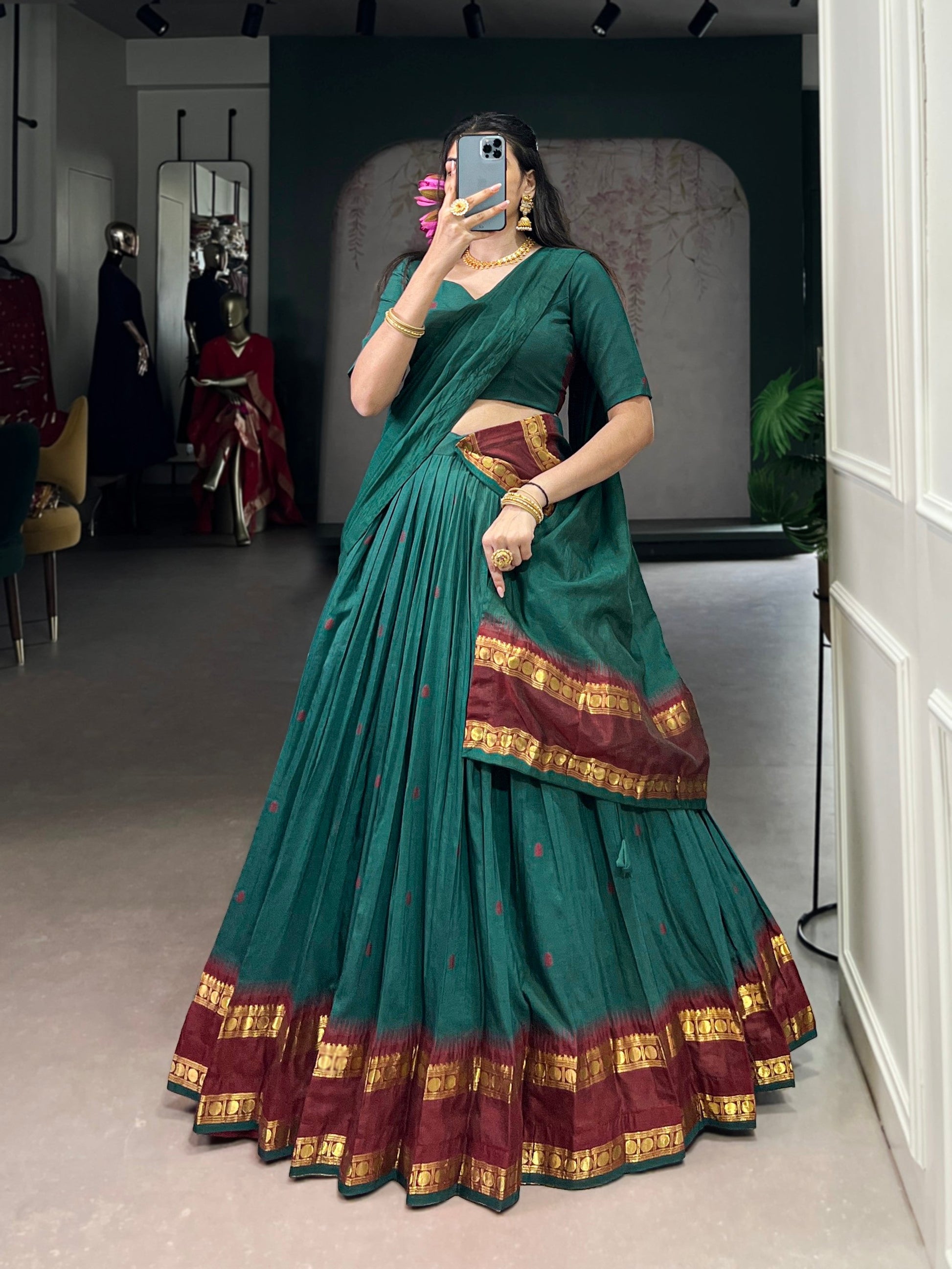 Lorenvalley Fashion Teal Pure Chanderi Zari Weaving Work Lehenga Choli with Dupatta - Swadesiicart