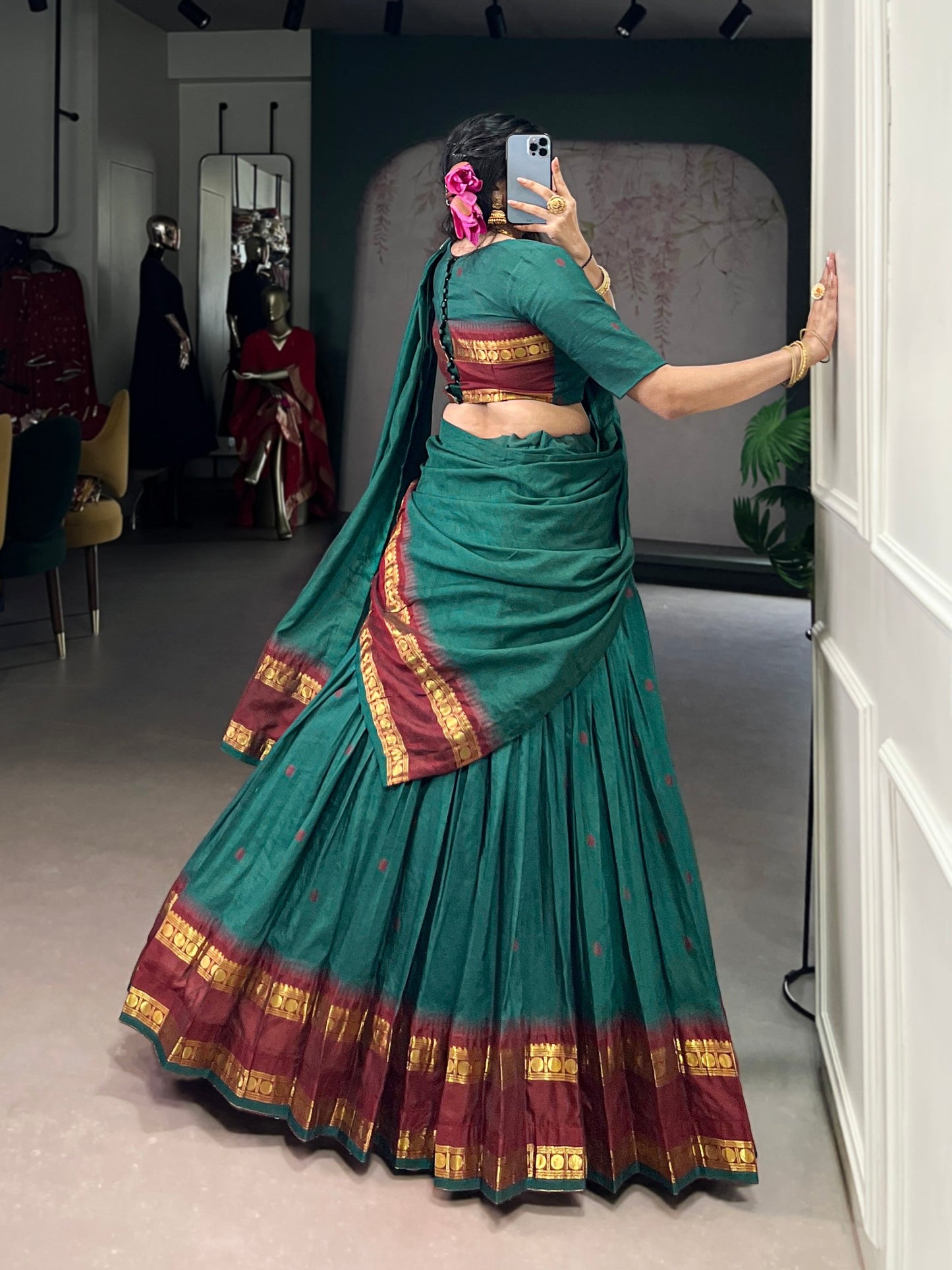 Lorenvalley Fashion Teal Pure Chanderi Zari Weaving Work Lehenga Choli with Dupatta - Swadesiicart
