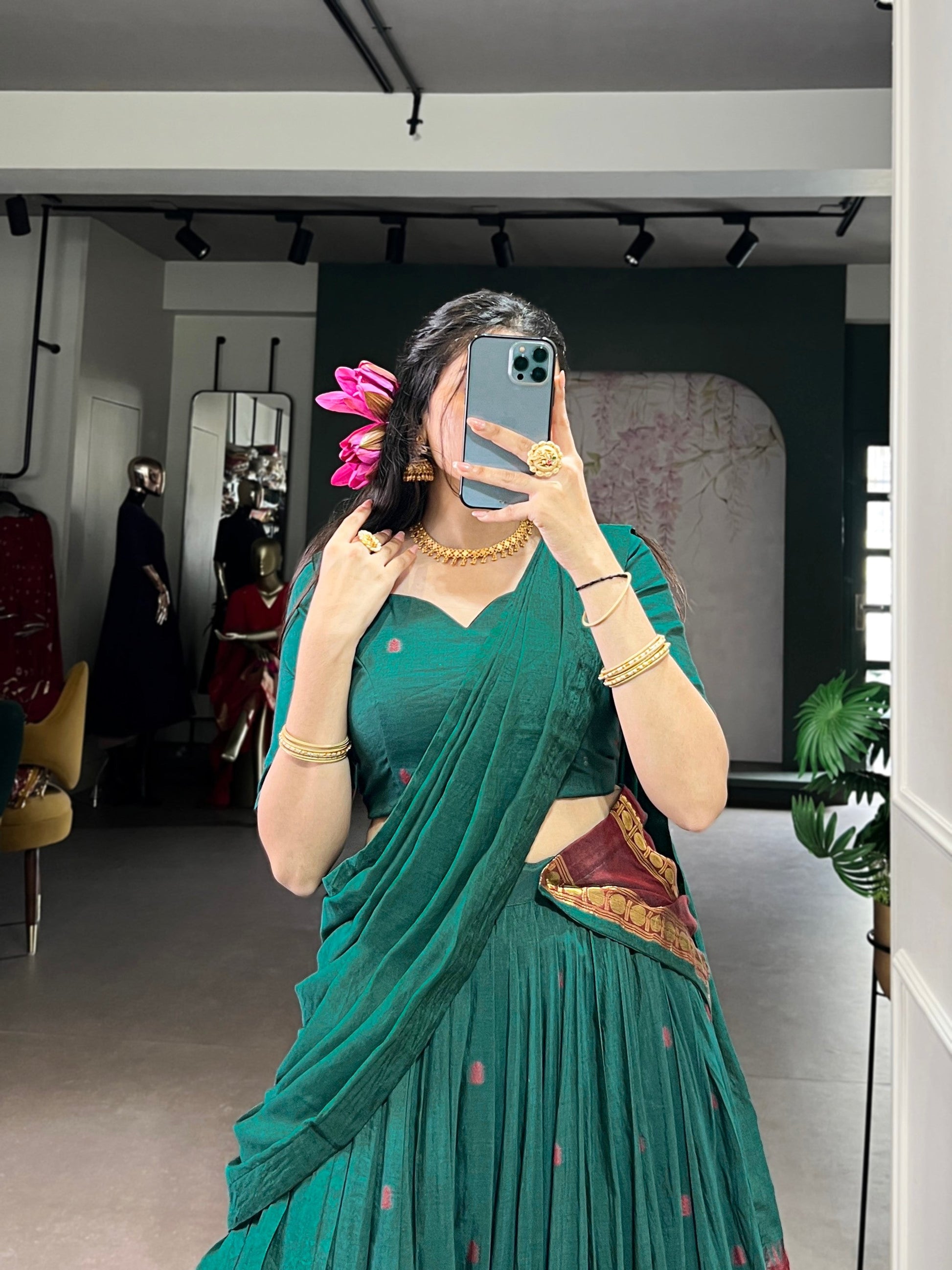 Lorenvalley Fashion Teal Pure Chanderi Zari Weaving Work Lehenga Choli with Dupatta - Swadesiicart