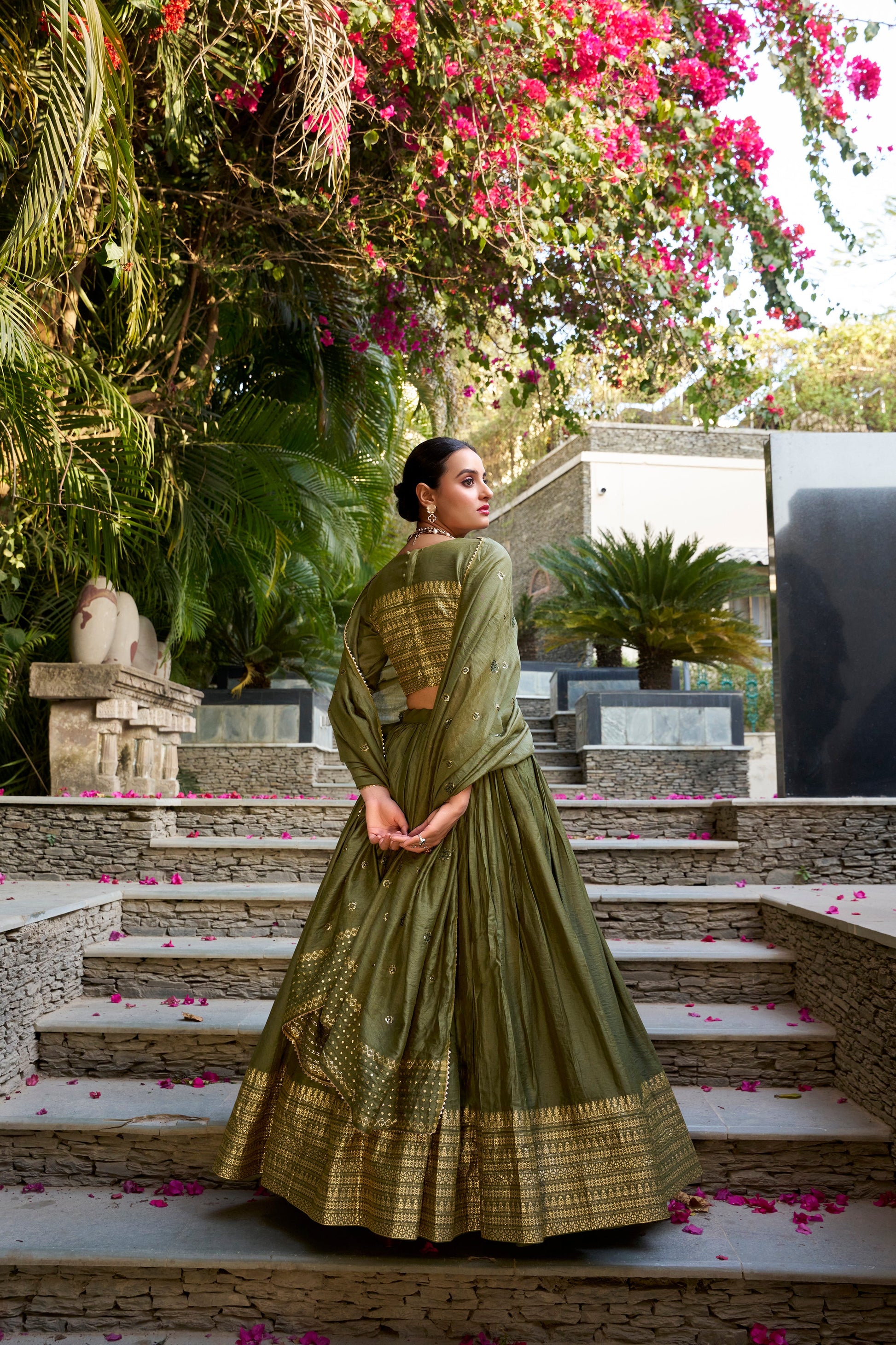 Lorenvalley Mehendi Pure Chanderi Plain With Zari Weaving Work Border Lehenga Choli | Swadesiicart