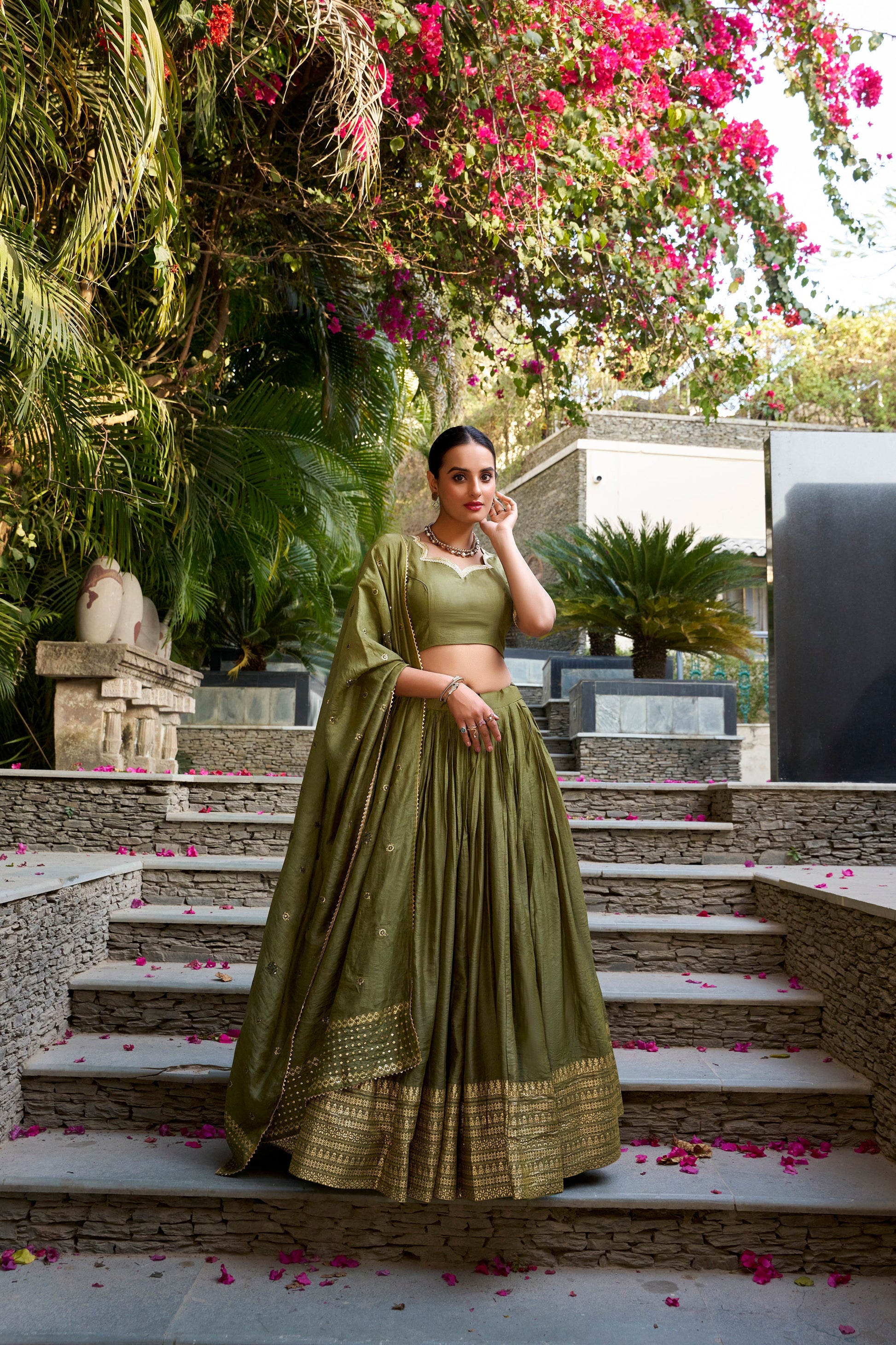 Lorenvalley Mehendi Pure Chanderi Plain With Zari Weaving Work Border Lehenga Choli | Swadesiicart