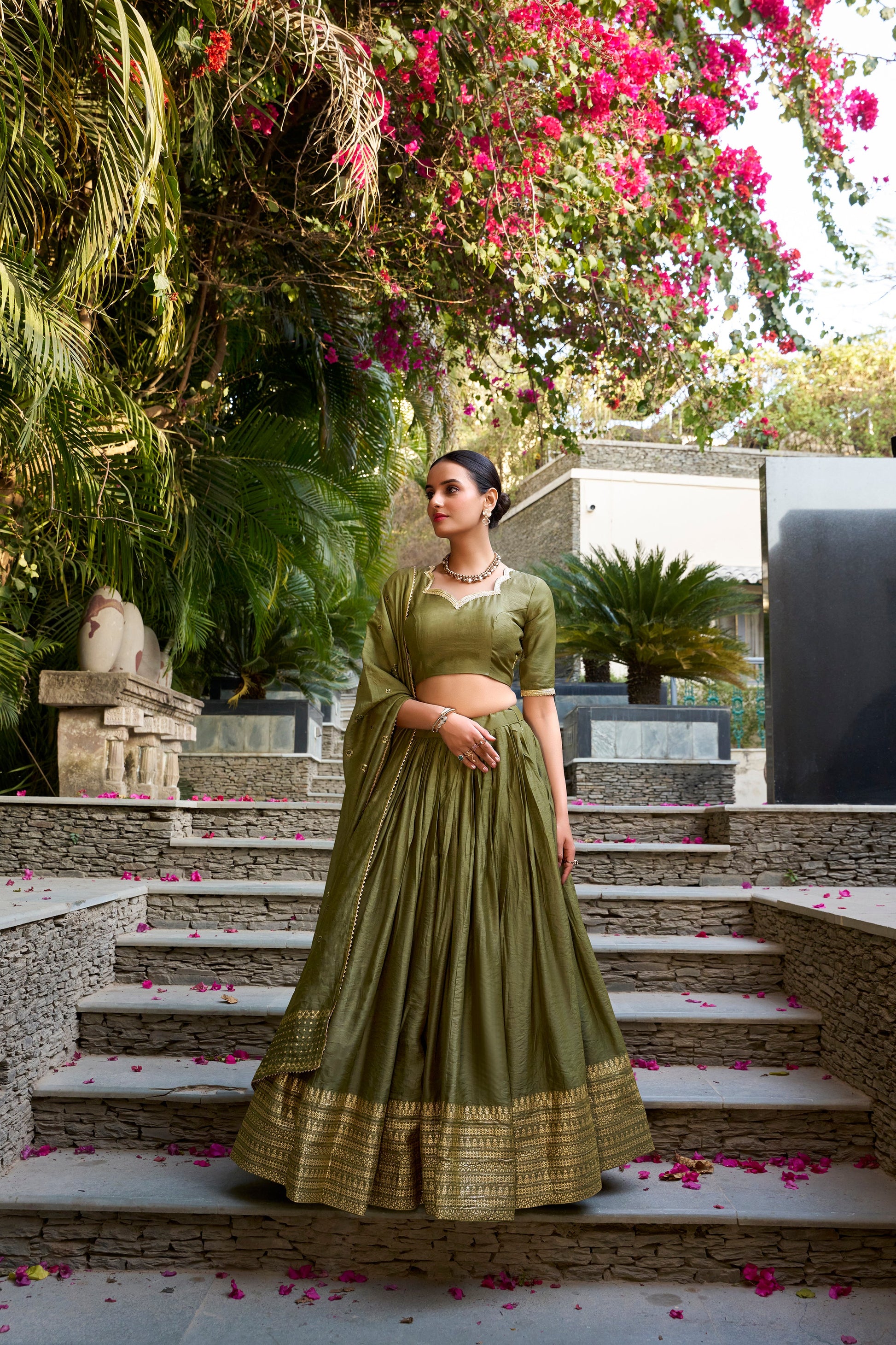 Lorenvalley Mehendi Pure Chanderi Plain With Zari Weaving Work Border Lehenga Choli | Swadesiicart