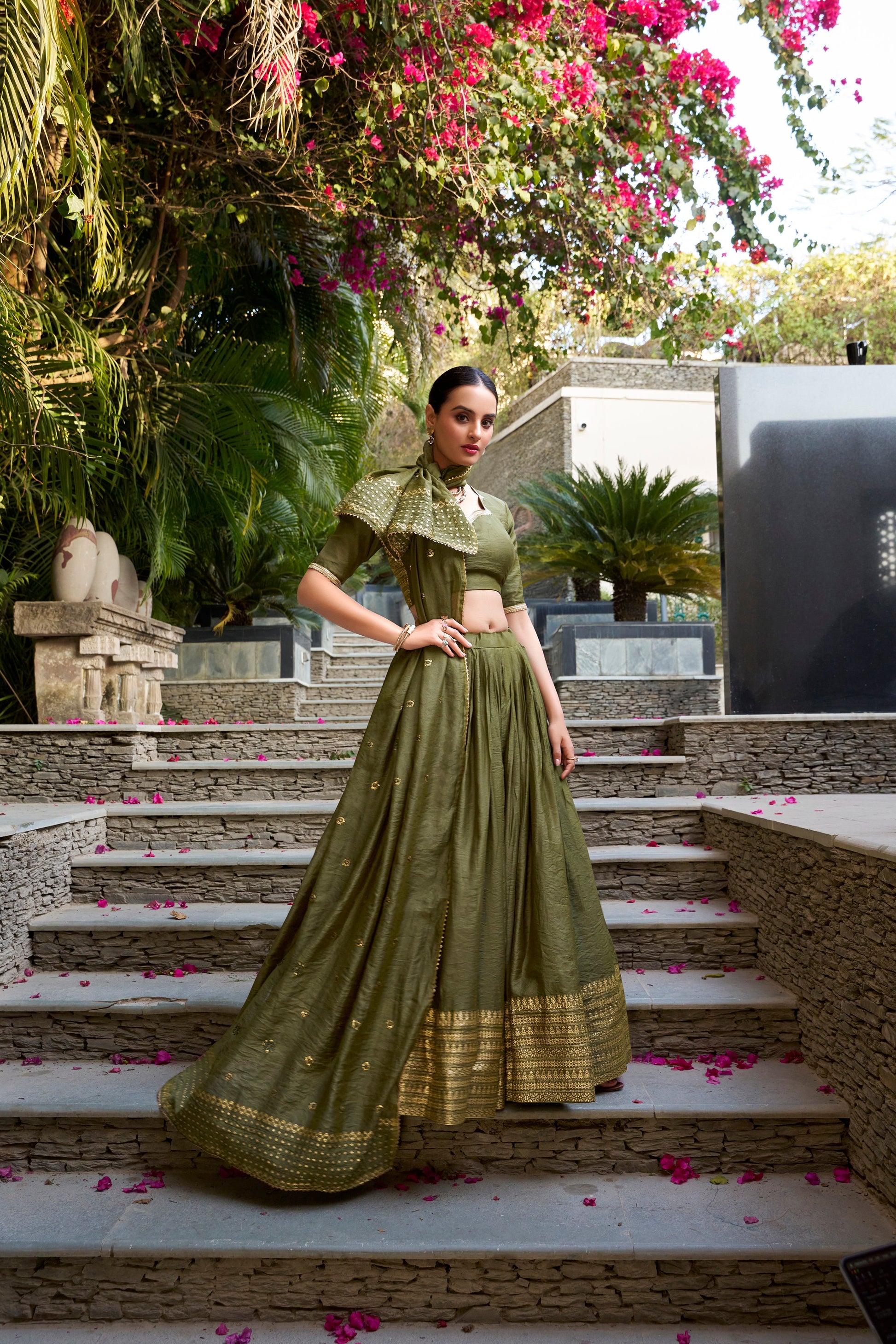 Lorenvalley Mehendi Pure Chanderi Plain With Zari Weaving Work Border Lehenga Choli | Swadesiicart