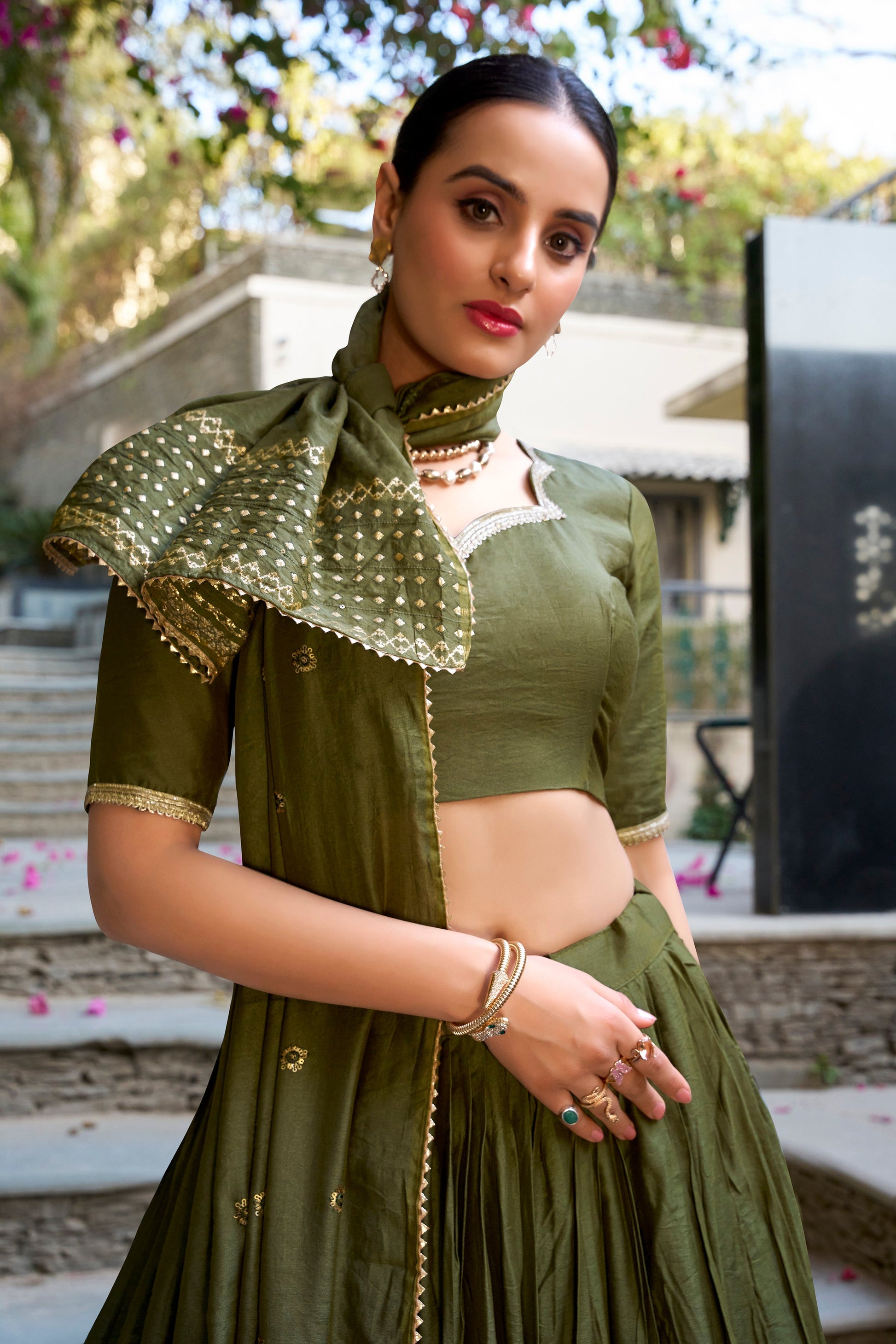 Lorenvalley Mehendi Pure Chanderi Plain With Zari Weaving Work Border Lehenga Choli | Swadesiicart