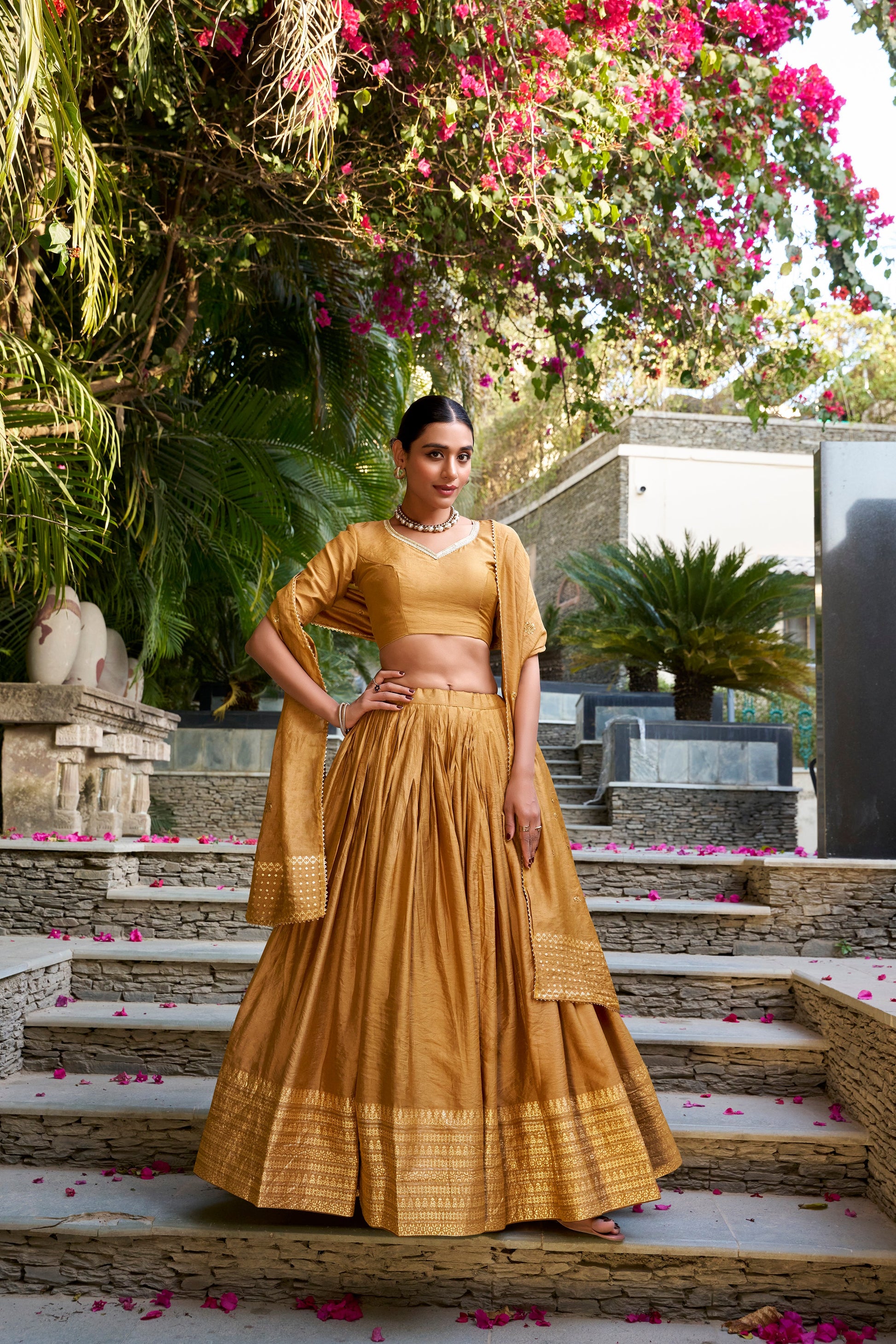 Lorenvalley Mustard Pure Chanderi Plain With Zari Weaving Work Border Lehenga Choli | Swadesiicart