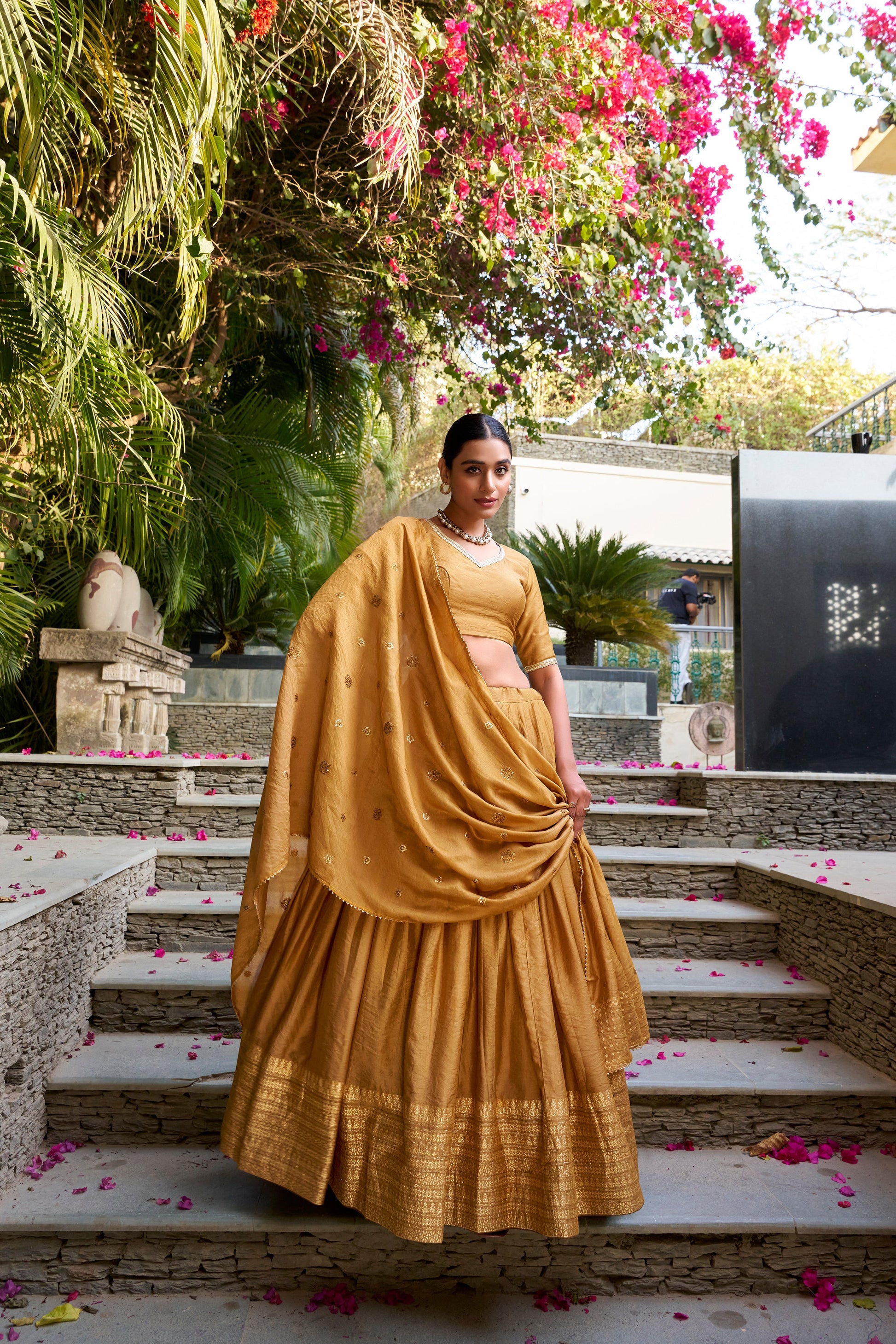 Lorenvalley Mustard Pure Chanderi Plain With Zari Weaving Work Border Lehenga Choli | Swadesiicart