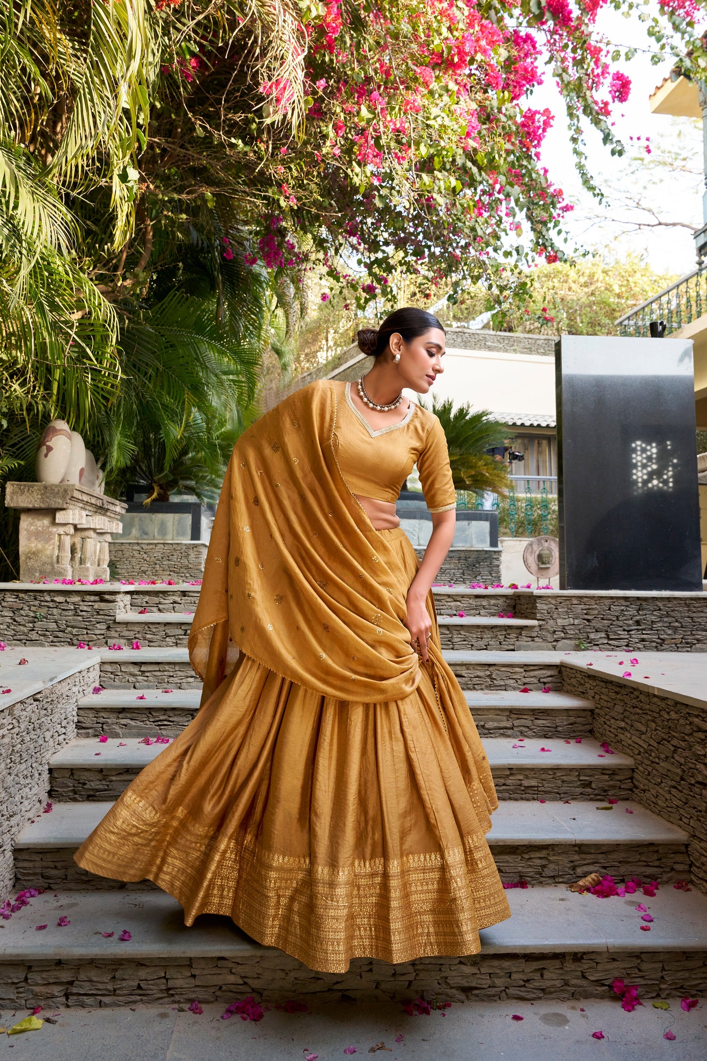 Lorenvalley Mustard Pure Chanderi Plain With Zari Weaving Work Border Lehenga Choli | Swadesiicart