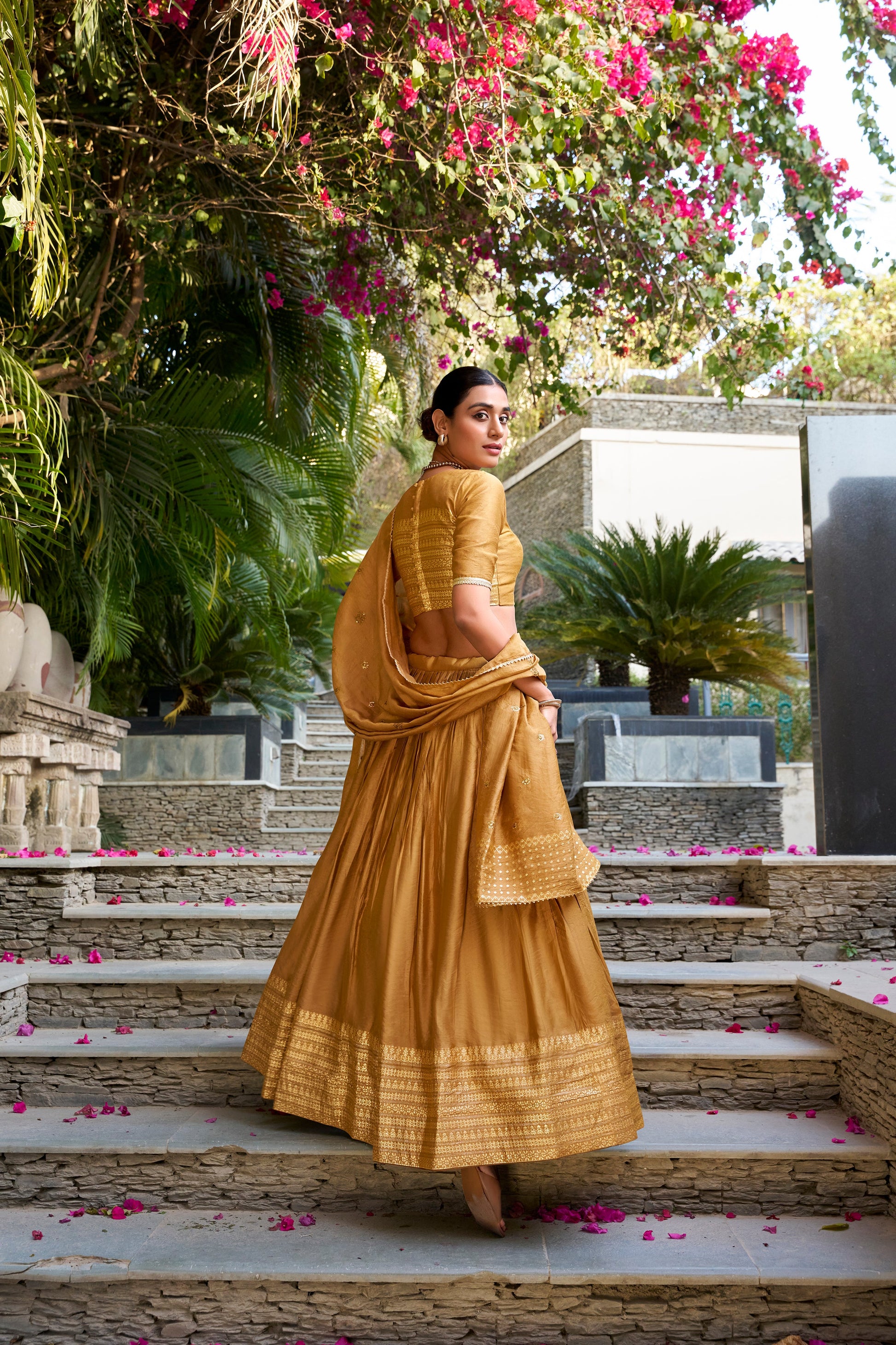 Lorenvalley Mustard Pure Chanderi Plain With Zari Weaving Work Border Lehenga Choli | Swadesiicart