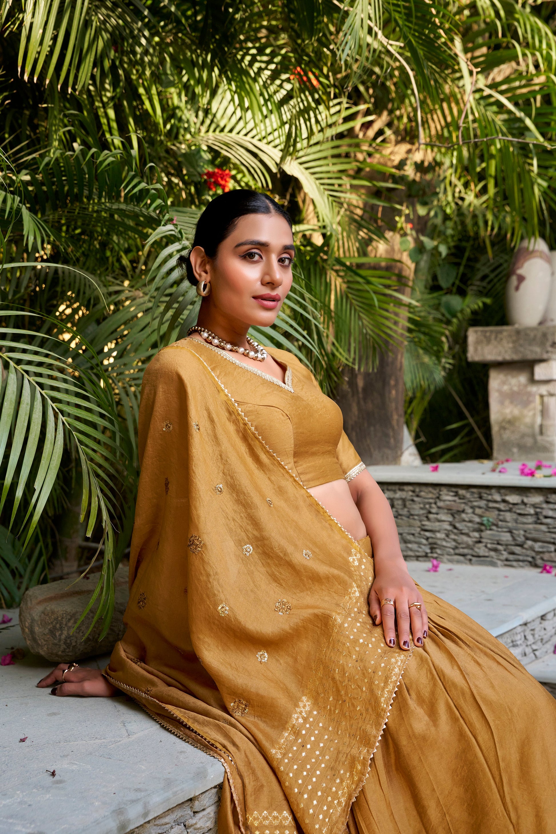 Lorenvalley Mustard Pure Chanderi Plain With Zari Weaving Work Border Lehenga Choli | Swadesiicart