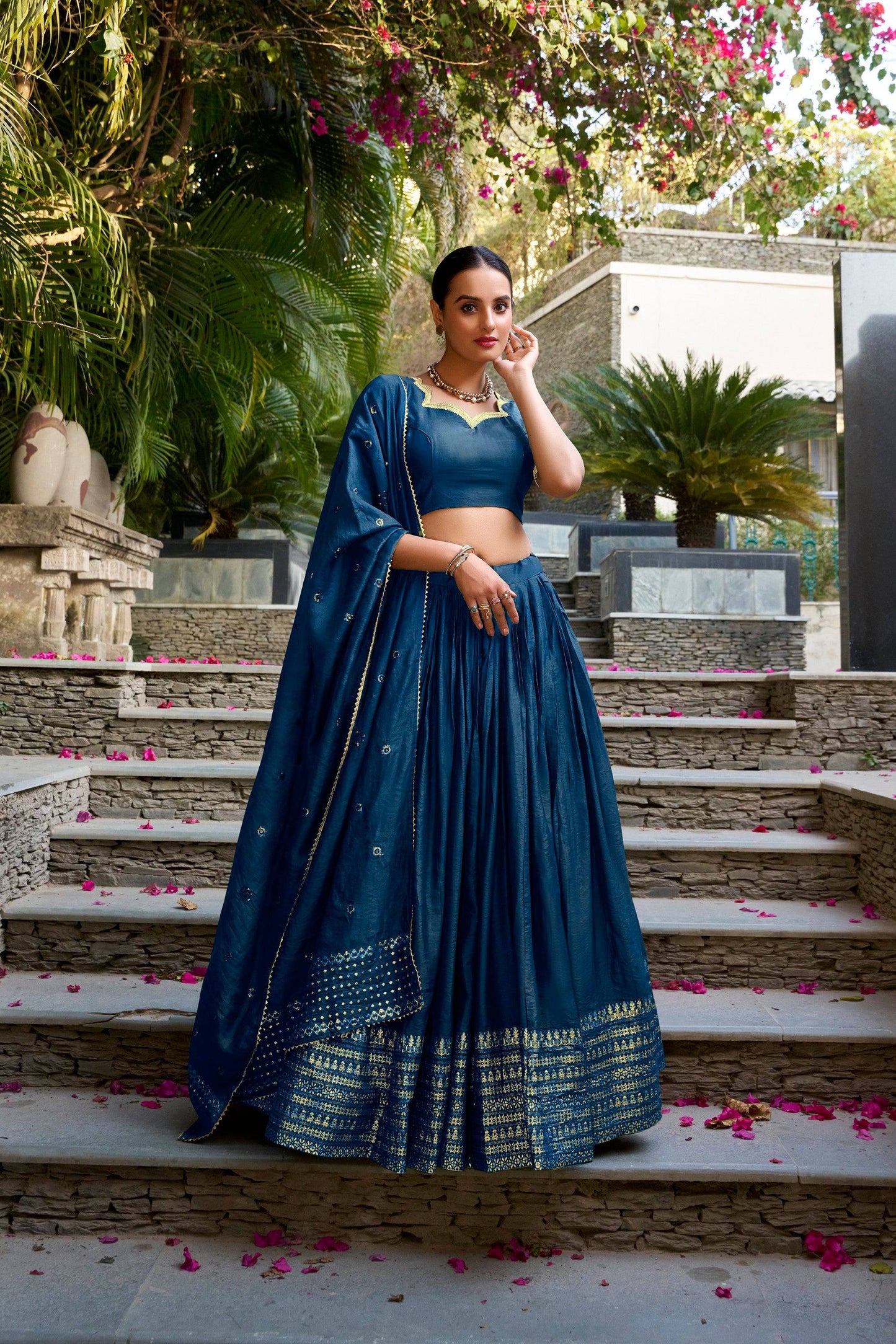 Lorenvalley Fashion Navy Blue Pure Chanderi Plain With Zari Weaving Work Border Lehenga Choli with Dupatta - Swadesiicart