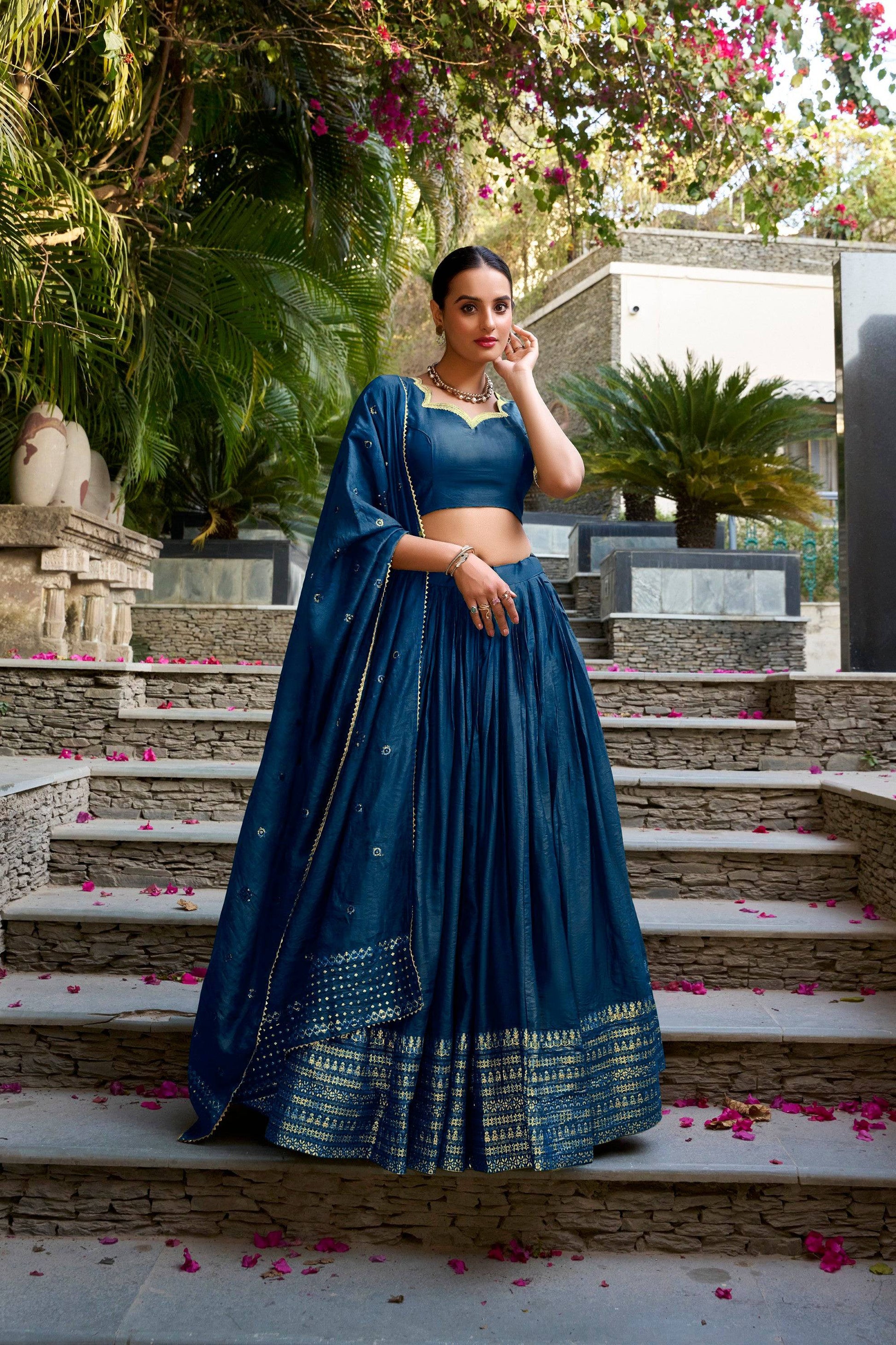 Lorenvalley Fashion Navy Blue Pure Chanderi Plain With Zari Weaving Work Border Lehenga Choli with Dupatta - Swadesiicart