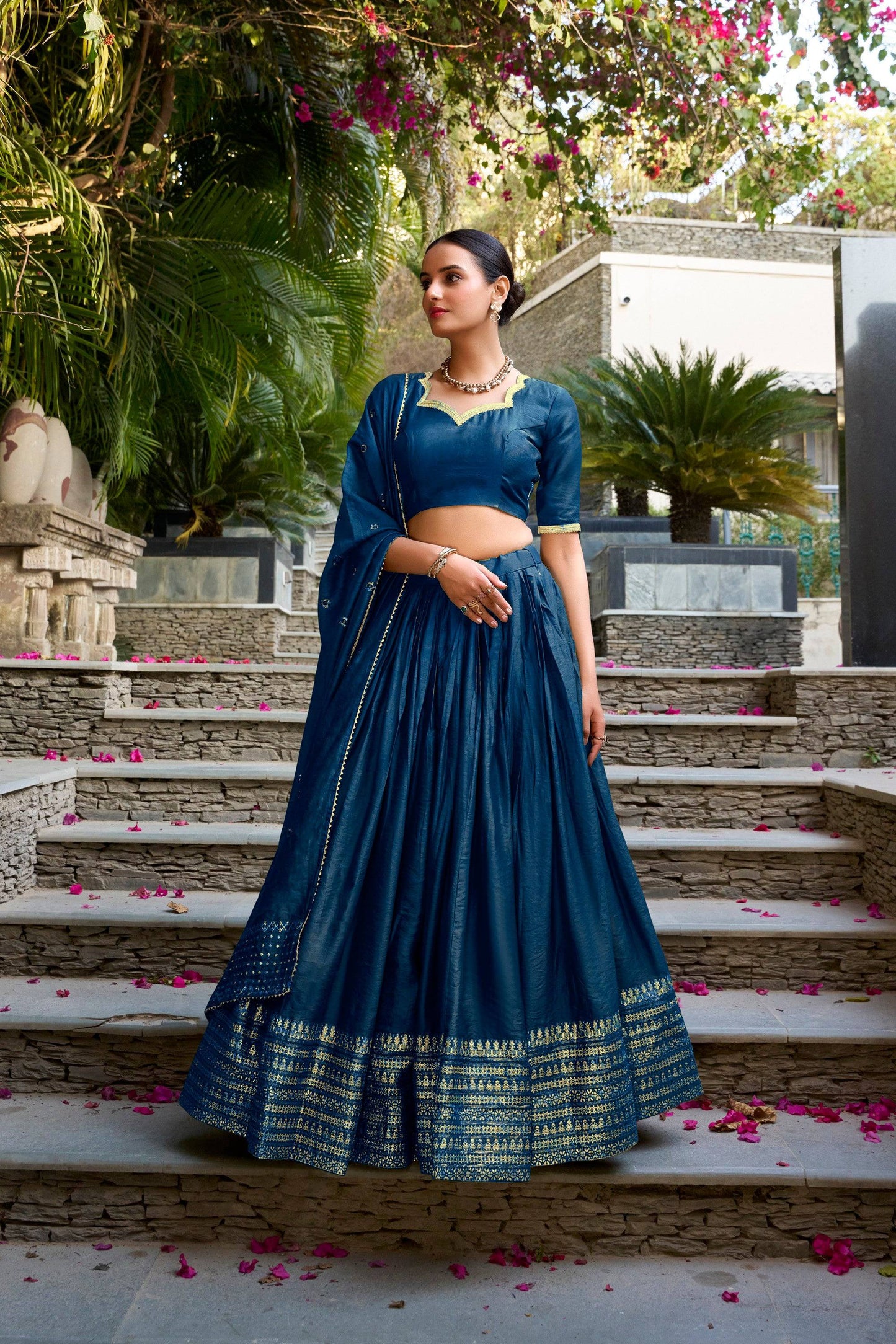 Lorenvalley Fashion Navy Blue Pure Chanderi Plain With Zari Weaving Work Border Lehenga Choli with Dupatta - Swadesiicart