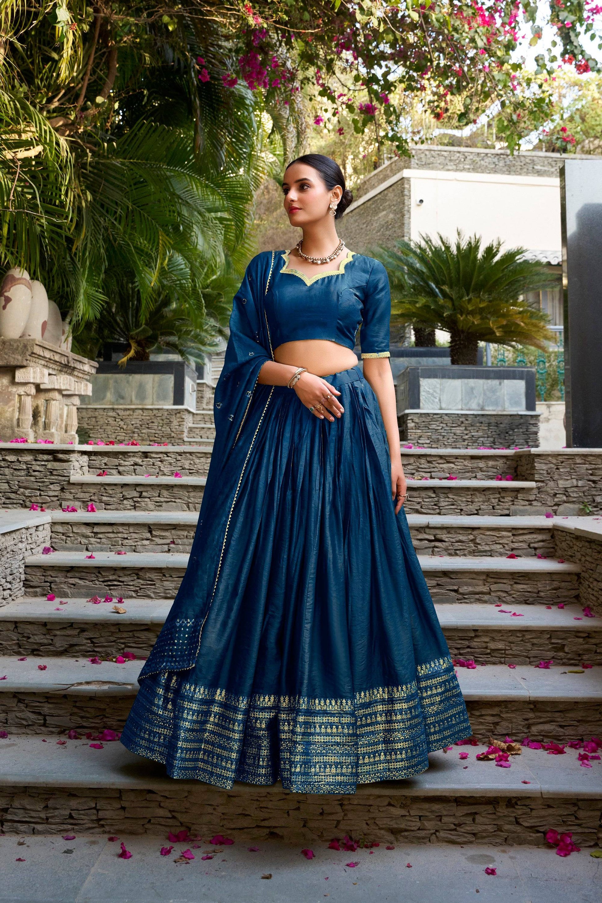 Lorenvalley Fashion Navy Blue Pure Chanderi Plain With Zari Weaving Work Border Lehenga Choli with Dupatta - Swadesiicart