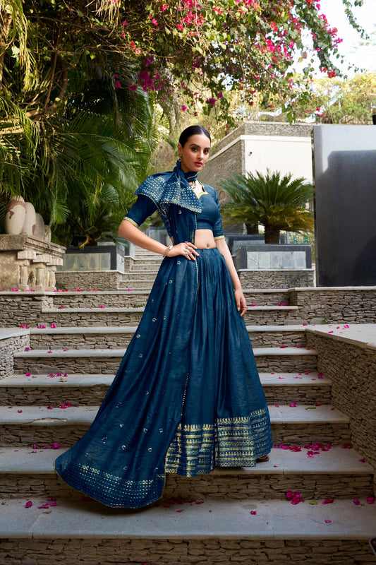 Lorenvalley Fashion Navy Blue Pure Chanderi Plain With Zari Weaving Work Border Lehenga Choli with Dupatta - Swadesiicart