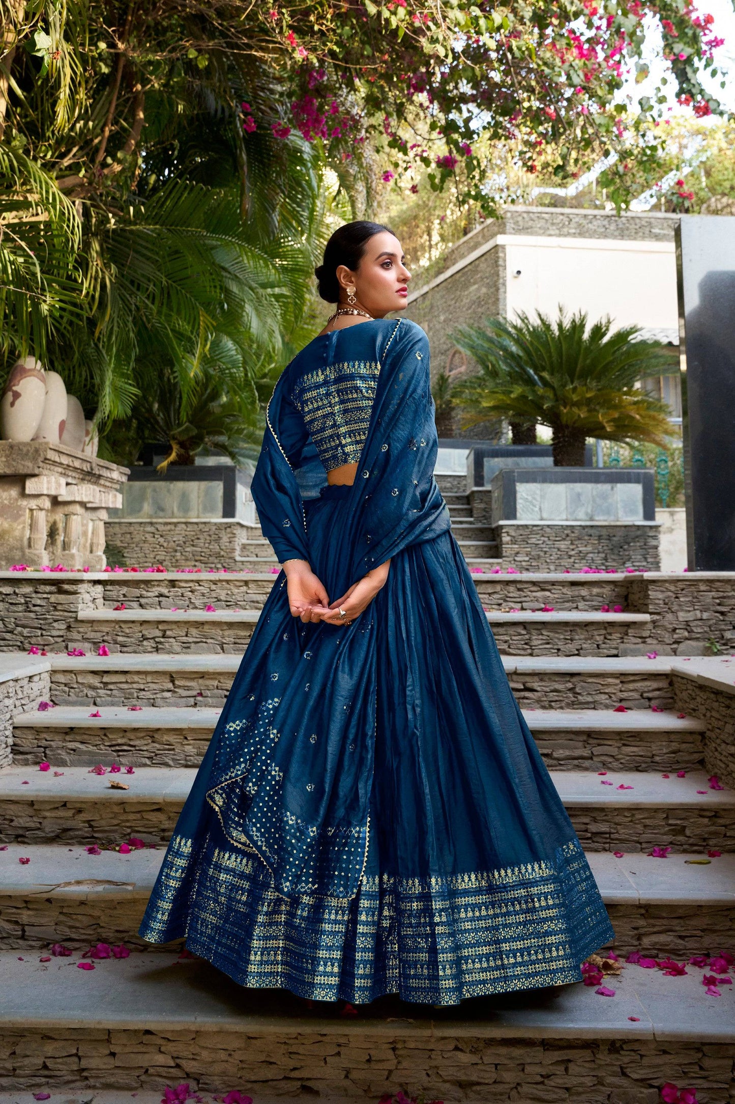 Lorenvalley Fashion Navy Blue Pure Chanderi Plain With Zari Weaving Work Border Lehenga Choli with Dupatta - Swadesiicart