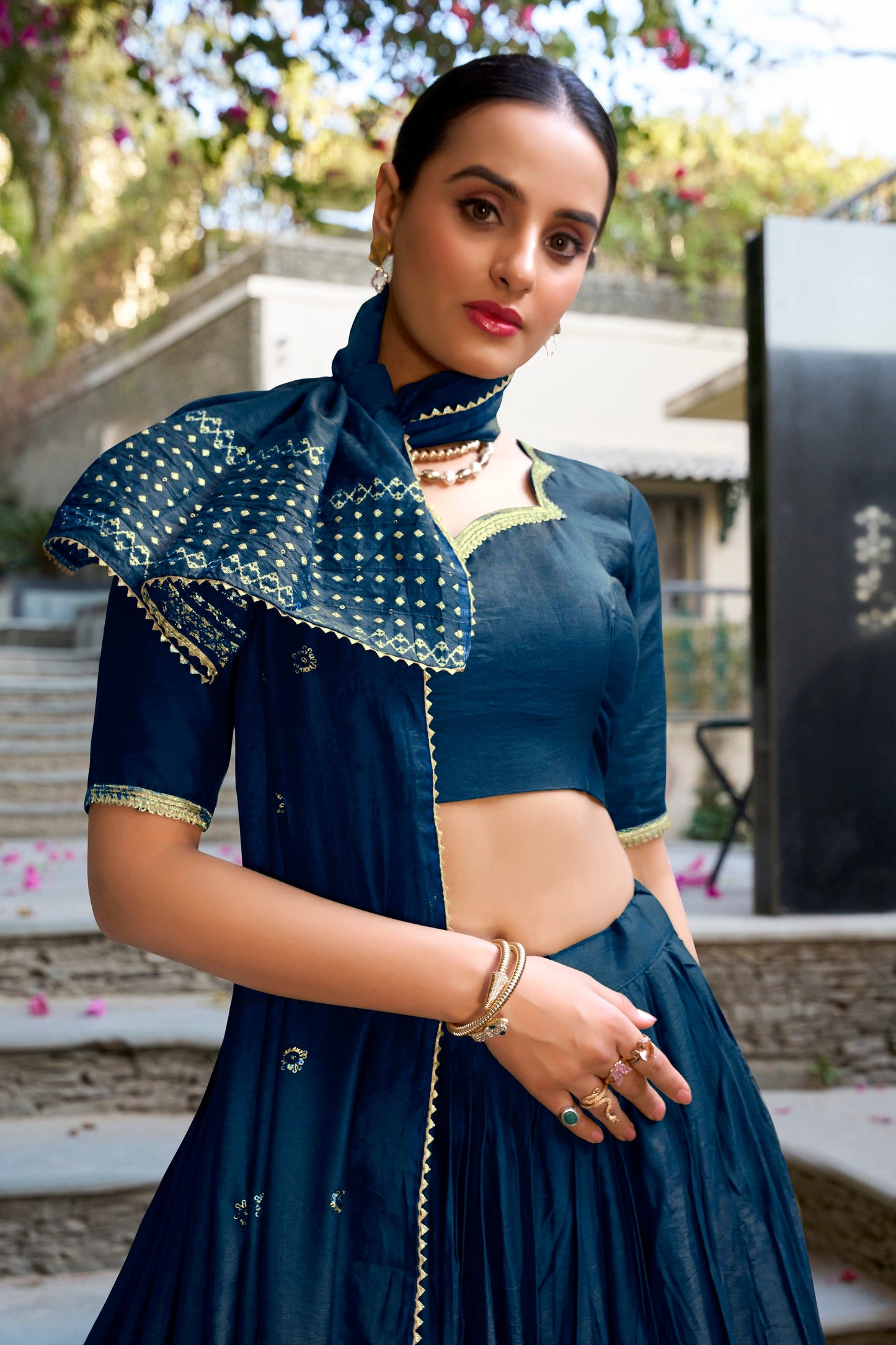 Lorenvalley Fashion Navy Blue Pure Chanderi Plain With Zari Weaving Work Border Lehenga Choli with Dupatta - Swadesiicart