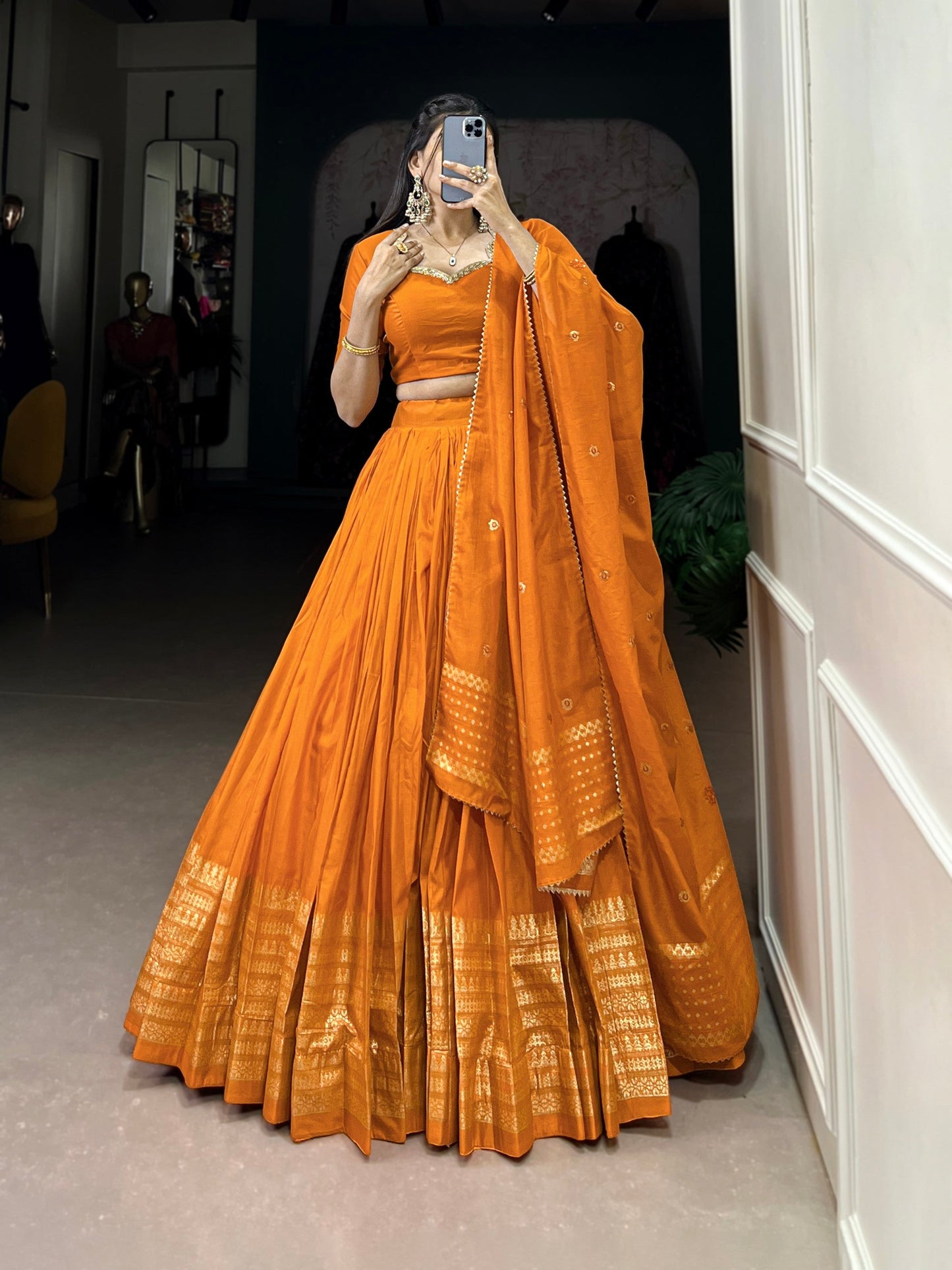 Lorenvalley Fashion Orange Pure Chanderi Plain With Zari Weaving Work Border Lehenga Choli with Dupatta - Swadesiicart