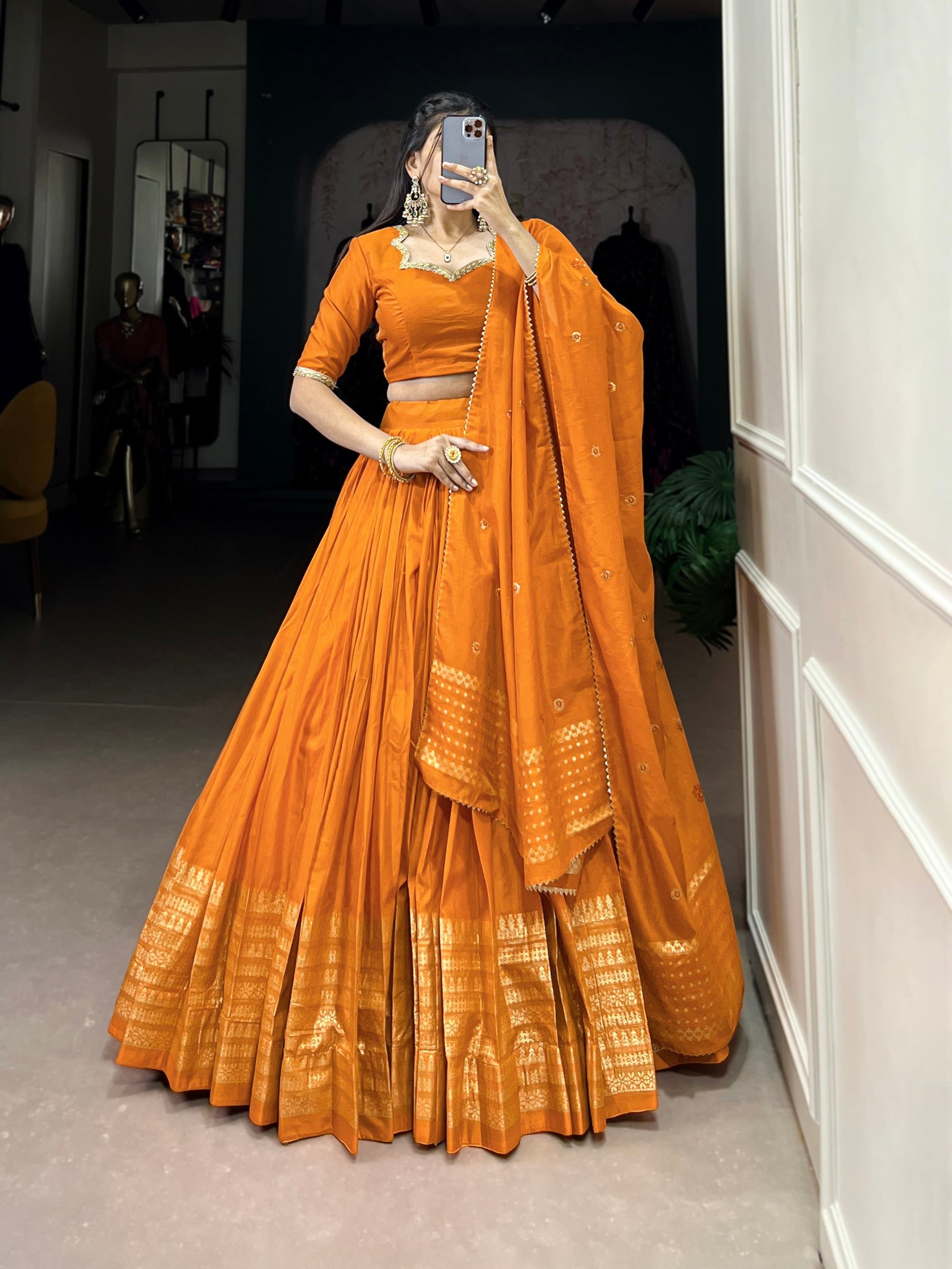 Lorenvalley Fashion Orange Pure Chanderi Plain With Zari Weaving Work Border Lehenga Choli with Dupatta - Swadesiicart