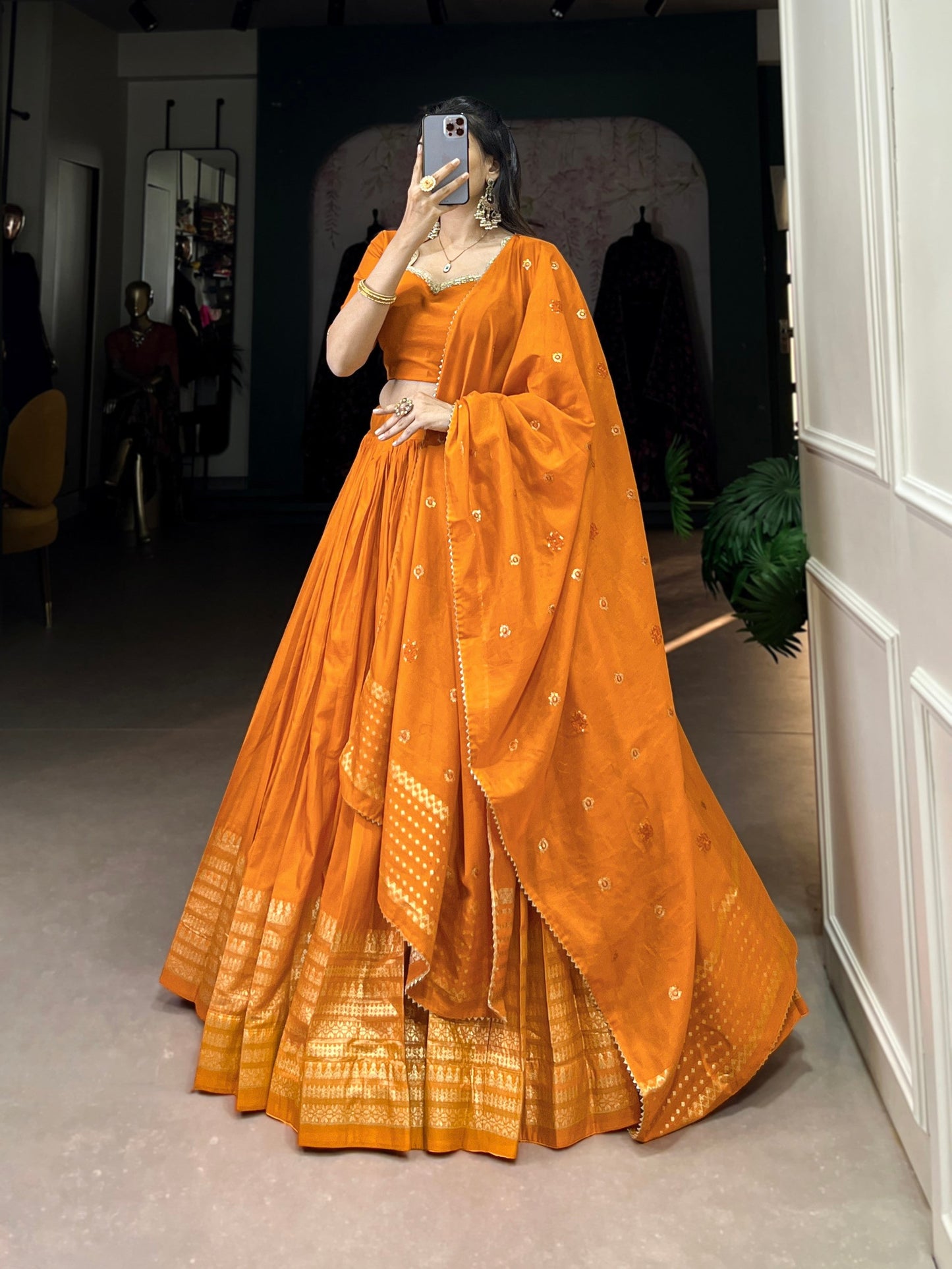 Lorenvalley Fashion Orange Pure Chanderi Plain With Zari Weaving Work Border Lehenga Choli with Dupatta - Swadesiicart
