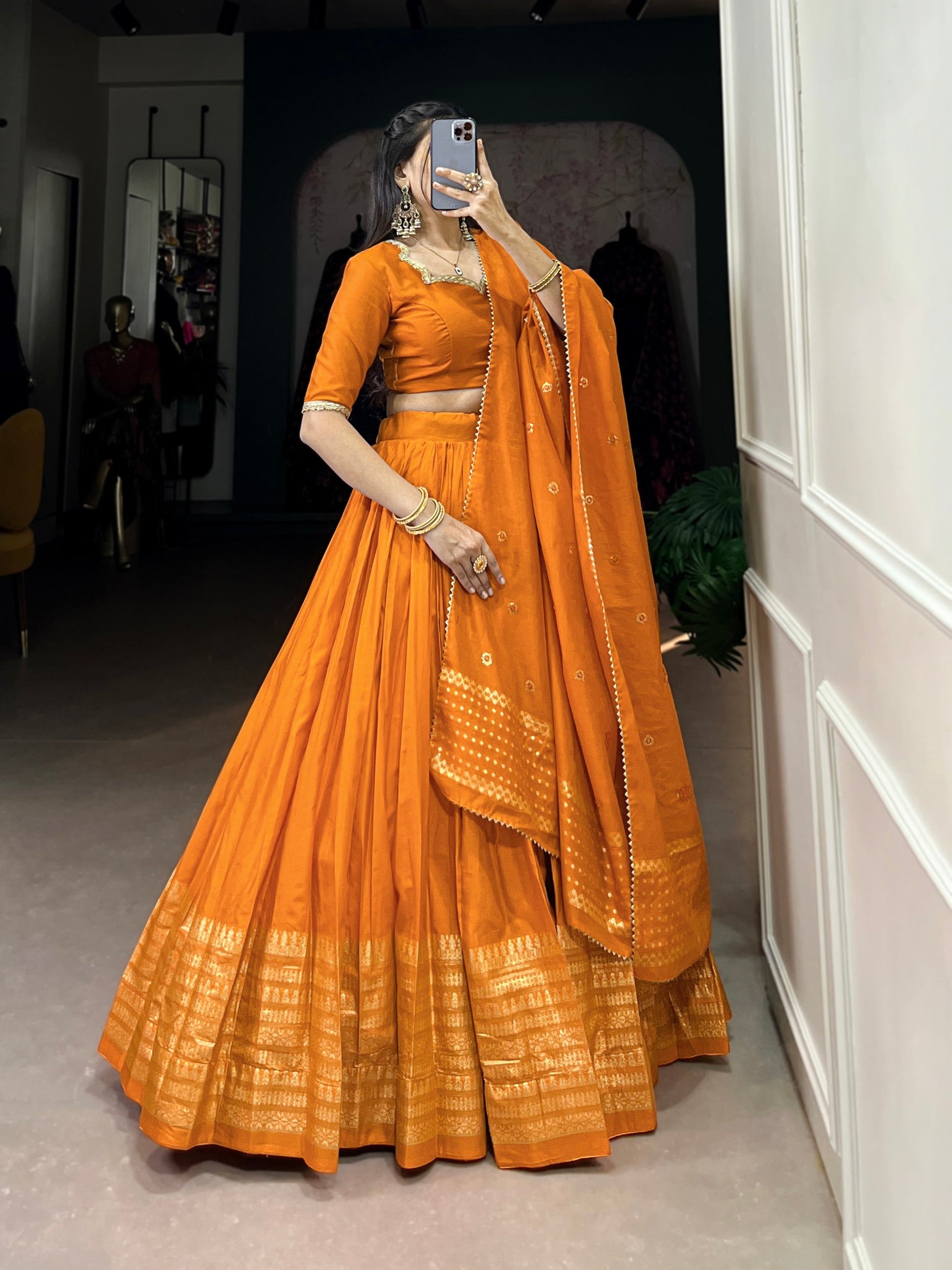 Lorenvalley Fashion Orange Pure Chanderi Plain With Zari Weaving Work Border Lehenga Choli with Dupatta - Swadesiicart