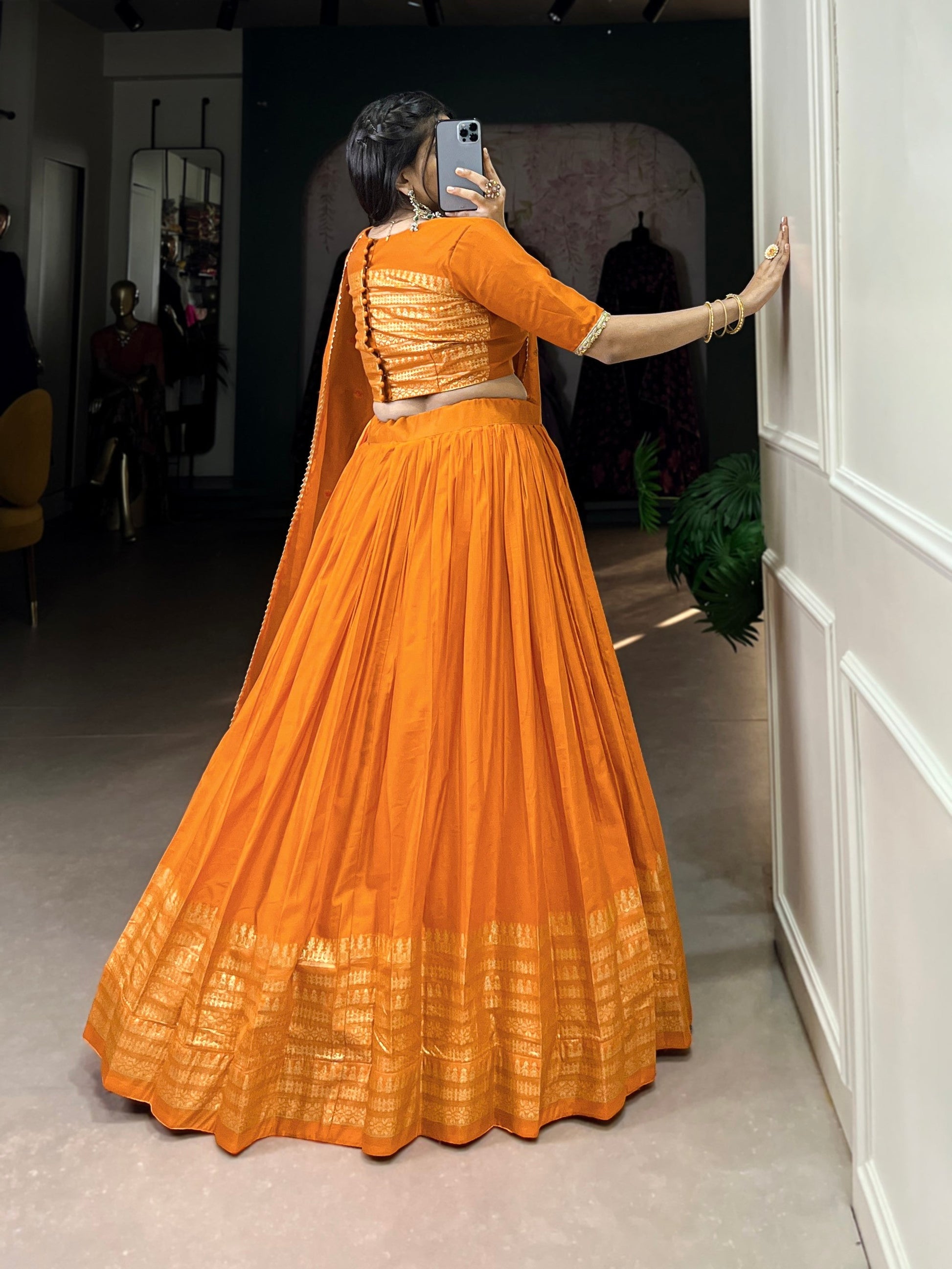 Lorenvalley Fashion Orange Pure Chanderi Plain With Zari Weaving Work Border Lehenga Choli with Dupatta - Swadesiicart