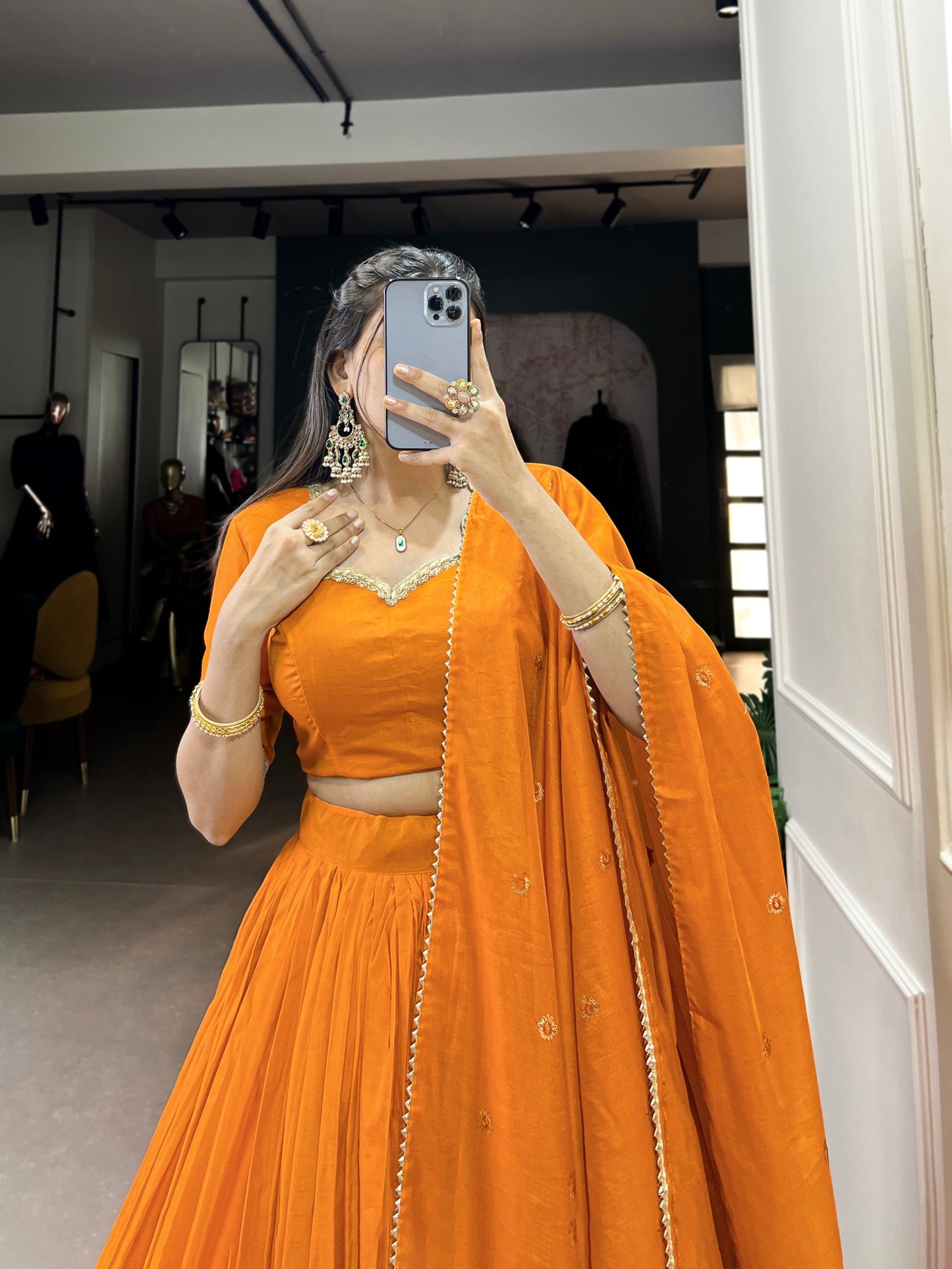 Lorenvalley Fashion Orange Pure Chanderi Plain With Zari Weaving Work Border Lehenga Choli with Dupatta - Swadesiicart