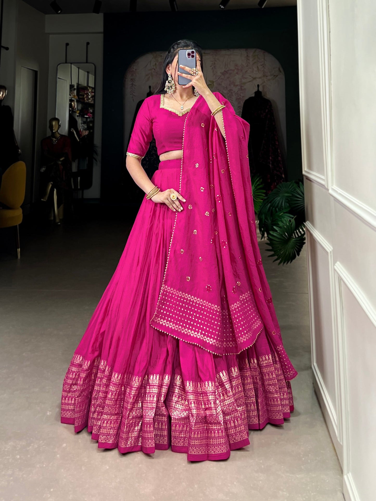 Lorenvalley Fashion Pink Pure Chanderi Plain With Zari Weaving Work Border Lehenga Choli with Dupatta - Swadesiicart