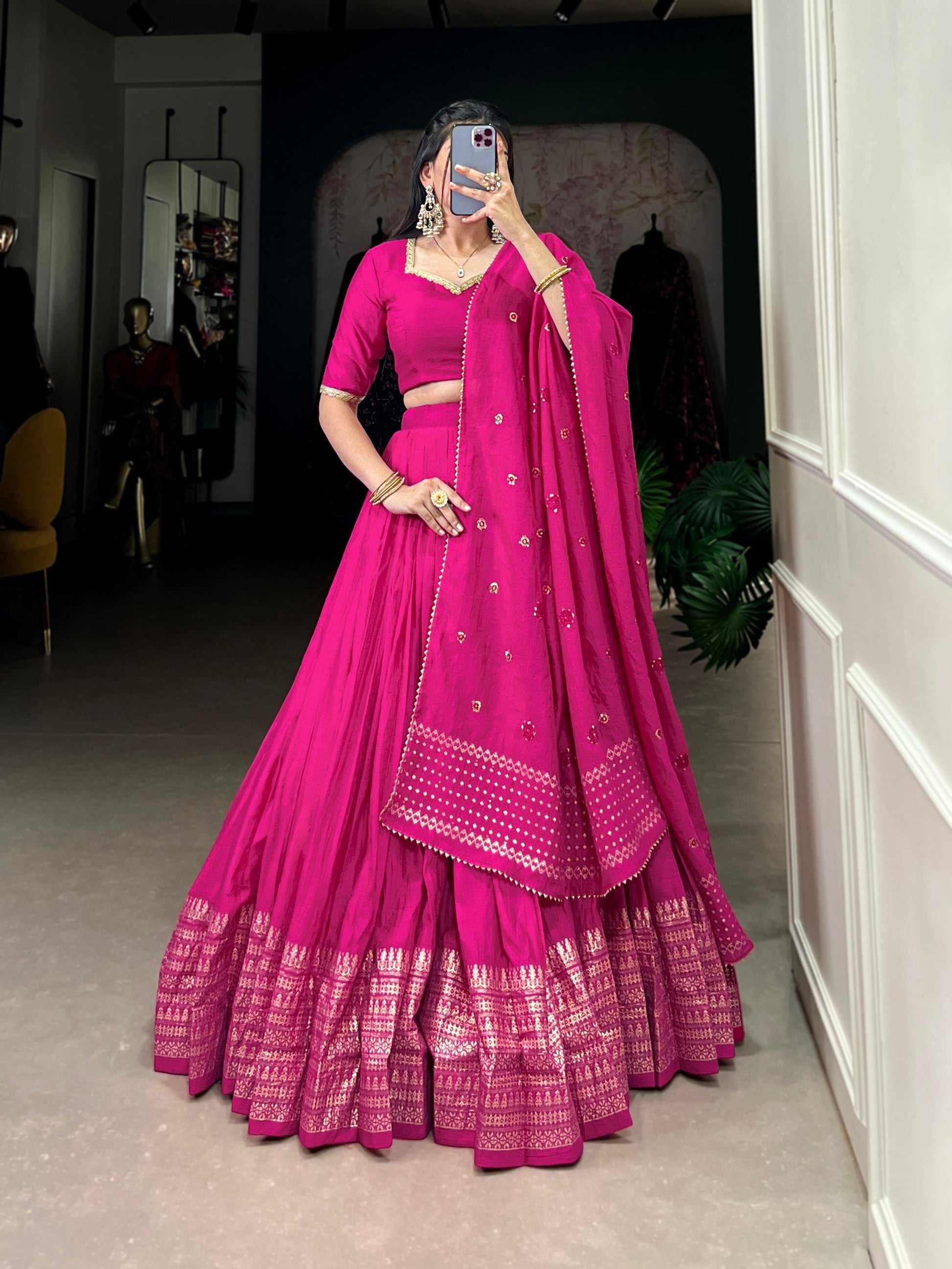 Lorenvalley Fashion Pink Pure Chanderi Plain With Zari Weaving Work Border Lehenga Choli with Dupatta - Swadesiicart