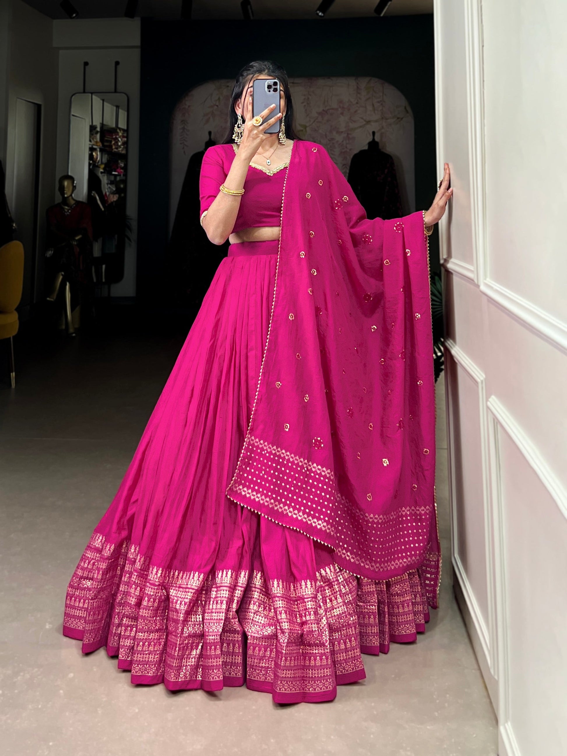 Lorenvalley Fashion Pink Pure Chanderi Plain With Zari Weaving Work Border Lehenga Choli with Dupatta - Swadesiicart