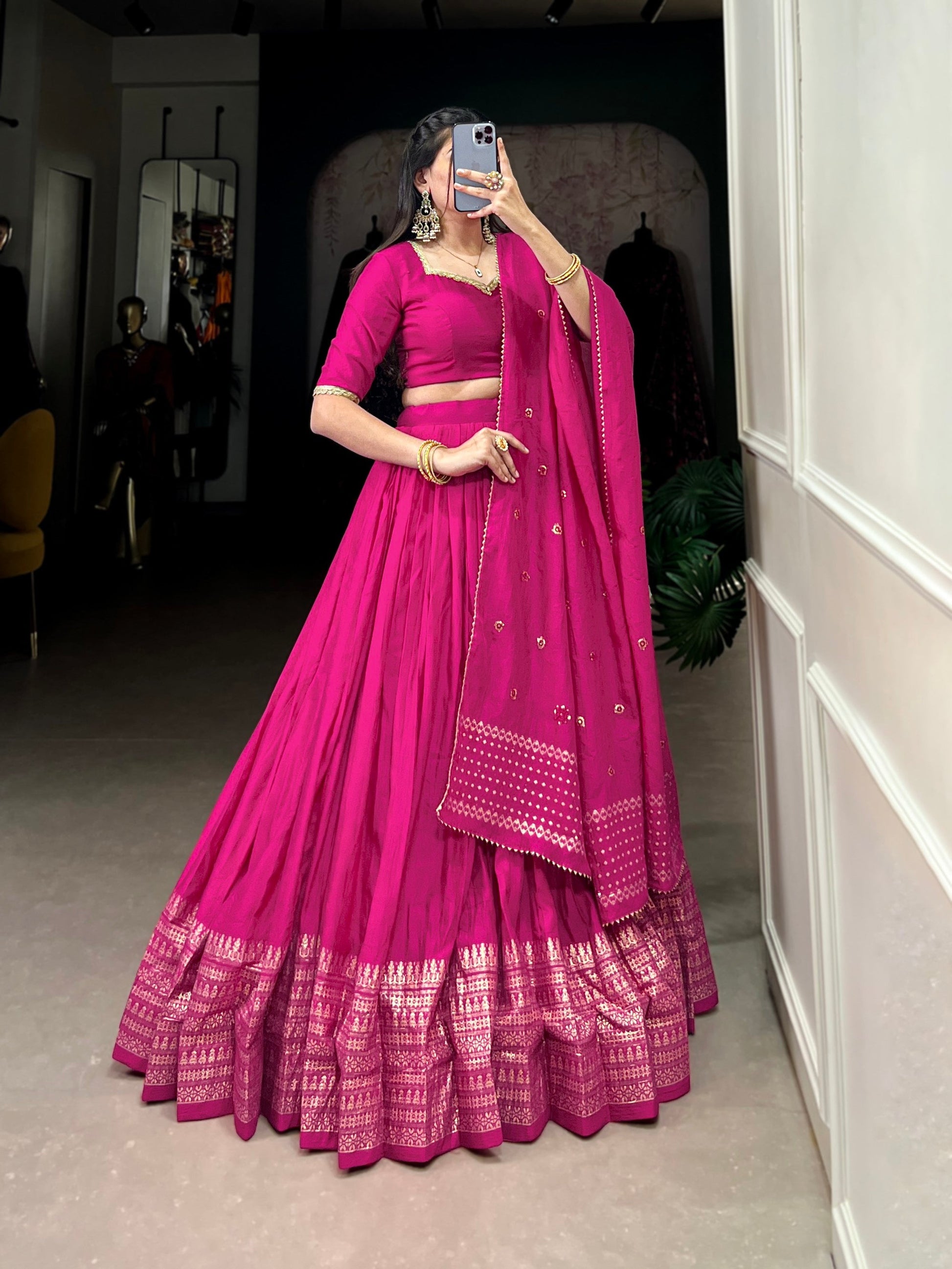 Lorenvalley Fashion Pink Pure Chanderi Plain With Zari Weaving Work Border Lehenga Choli with Dupatta - Swadesiicart