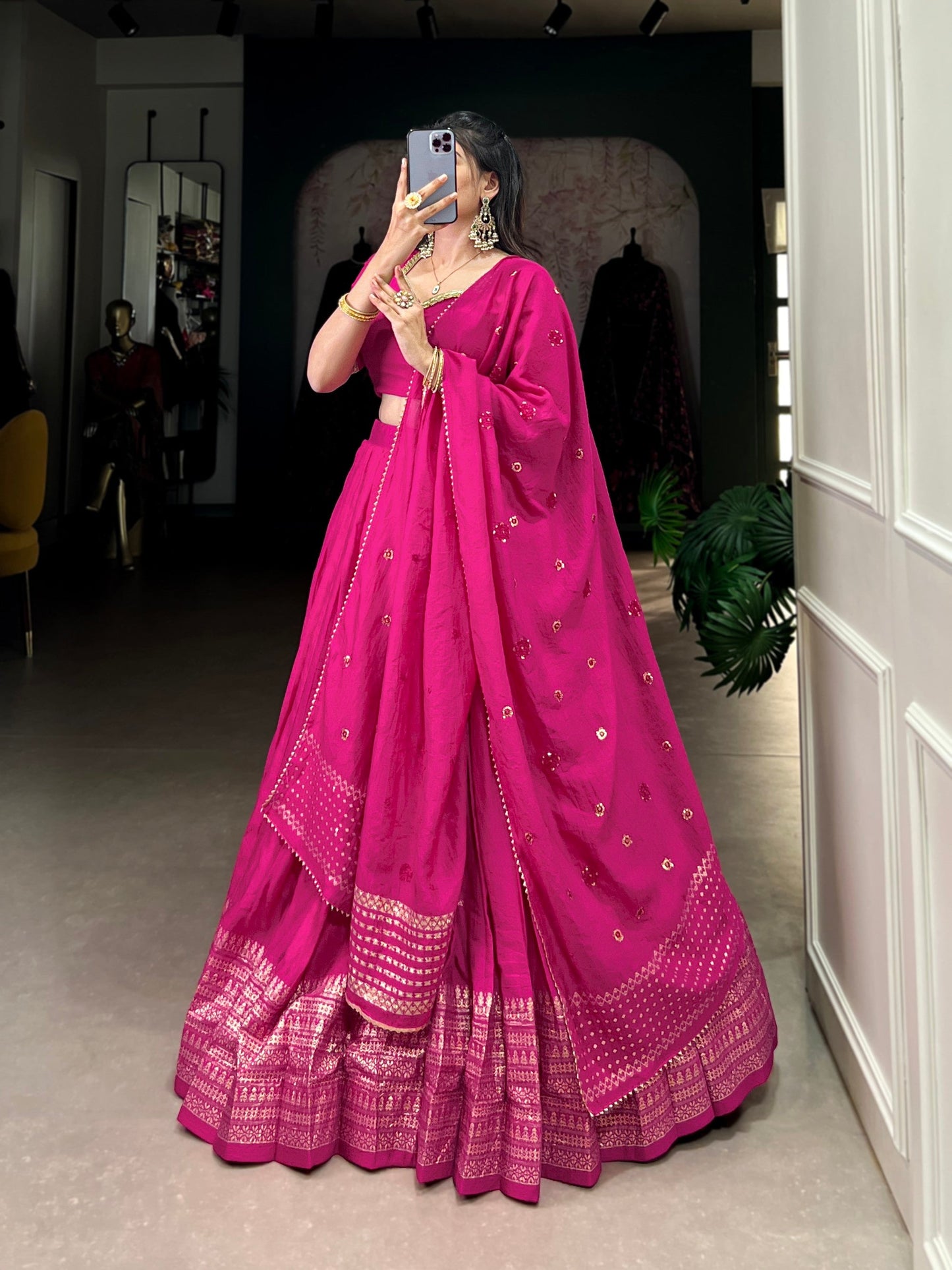 Lorenvalley Fashion Pink Pure Chanderi Plain With Zari Weaving Work Border Lehenga Choli with Dupatta - Swadesiicart