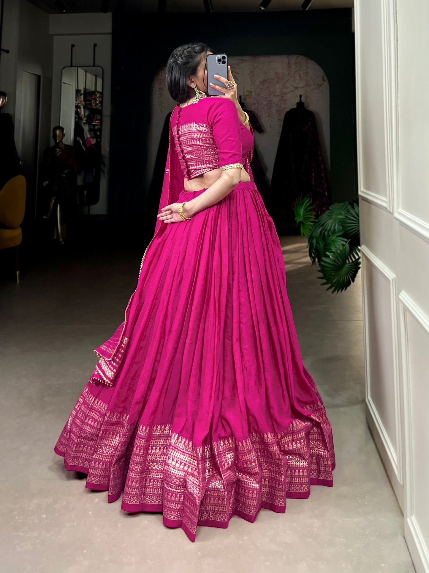 Lorenvalley Fashion Pink Pure Chanderi Plain With Zari Weaving Work Border Lehenga Choli with Dupatta - Swadesiicart