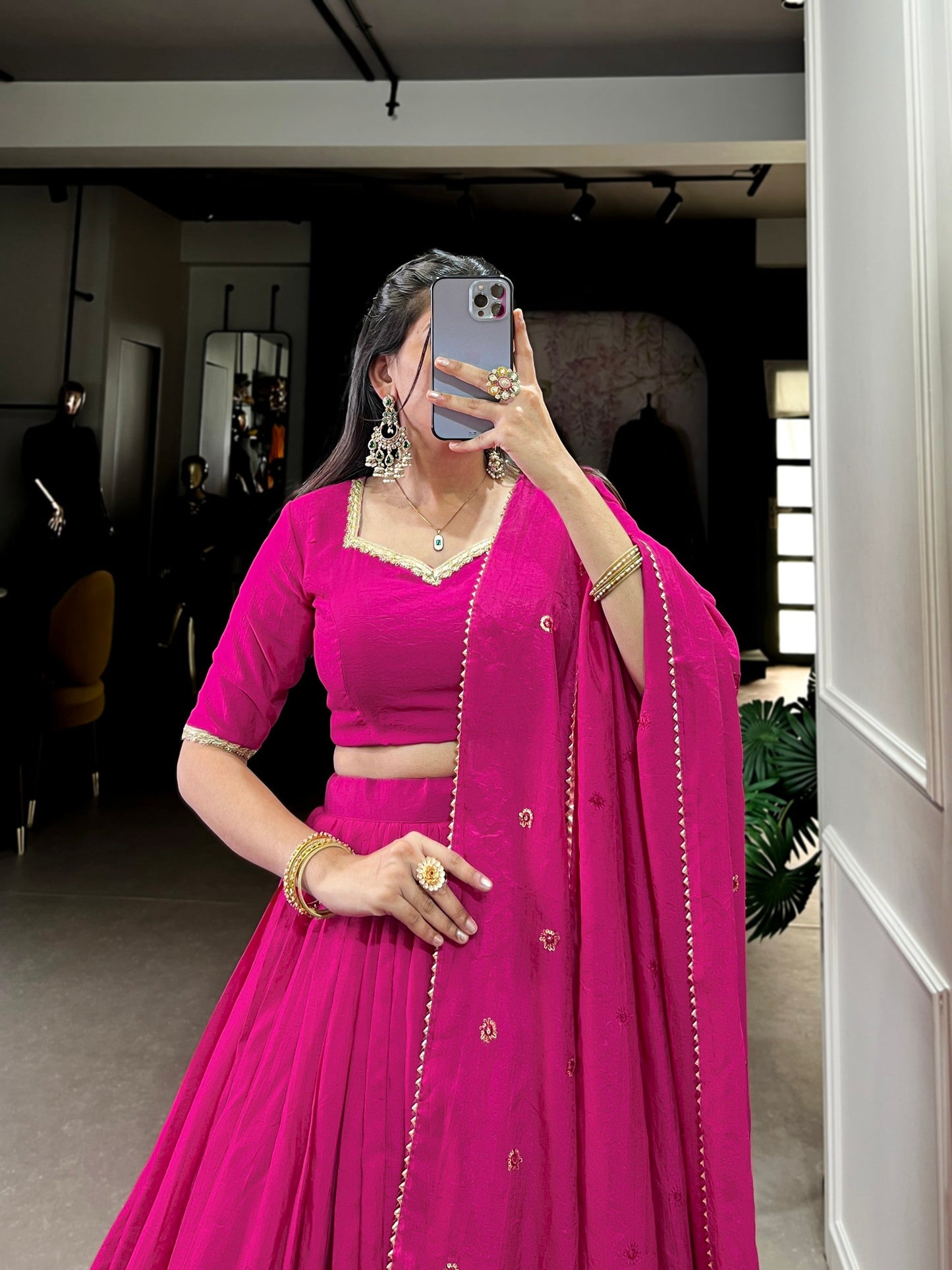 Lorenvalley Fashion Pink Pure Chanderi Plain With Zari Weaving Work Border Lehenga Choli with Dupatta - Swadesiicart