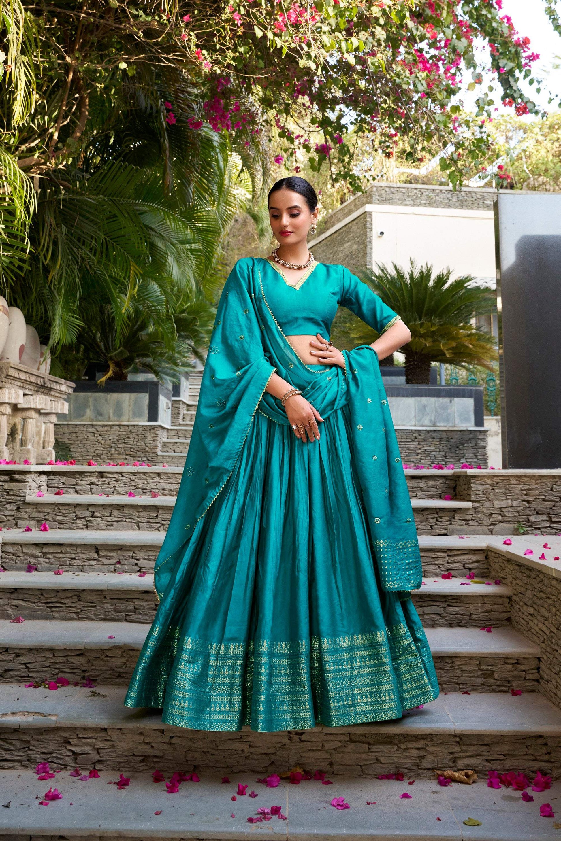 Lorenvalley Fashion Skyblue Pure Chanderi Plain With Zari Weaving Work Border Lehenga Choli with Dupatta - Swadesiicart