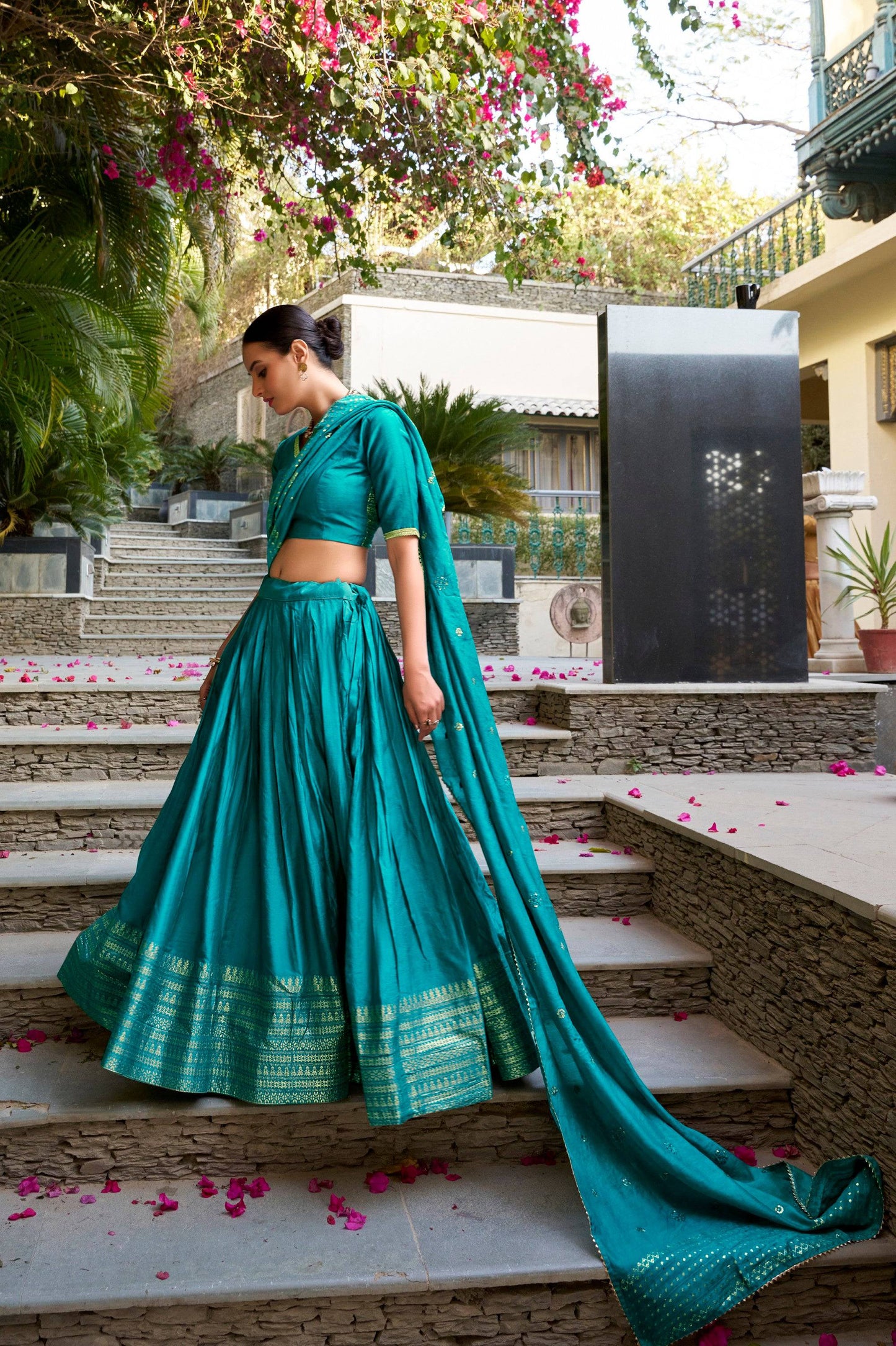 Lorenvalley Fashion Skyblue Pure Chanderi Plain With Zari Weaving Work Border Lehenga Choli with Dupatta - Swadesiicart