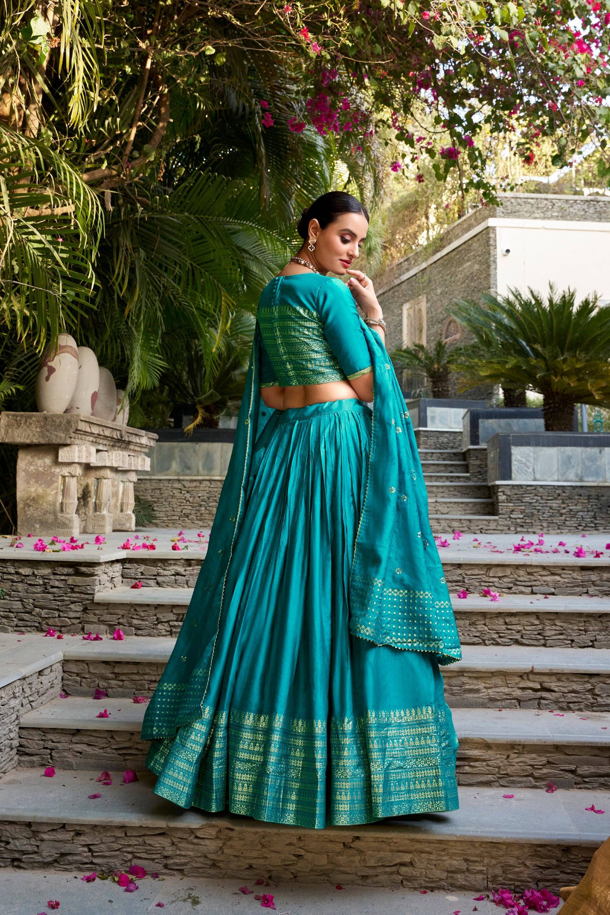 Lorenvalley Fashion Skyblue Pure Chanderi Plain With Zari Weaving Work Border Lehenga Choli with Dupatta - Swadesiicart